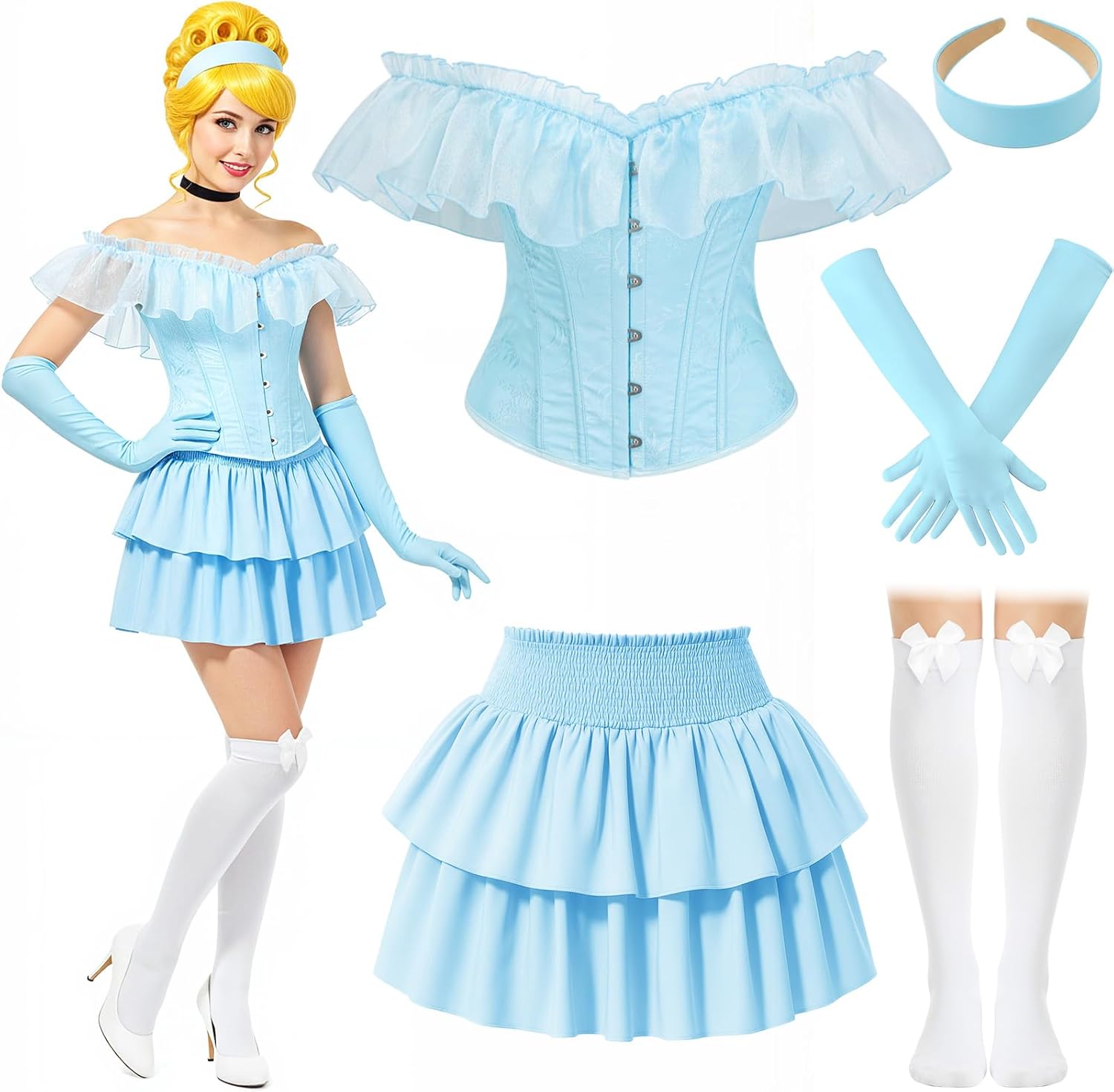 JaGely 5 Pcs Princess Fairy Costume for Women Corset Tops Skirt Headband Gloves Socks Adult Dress Carnival Role Play Party