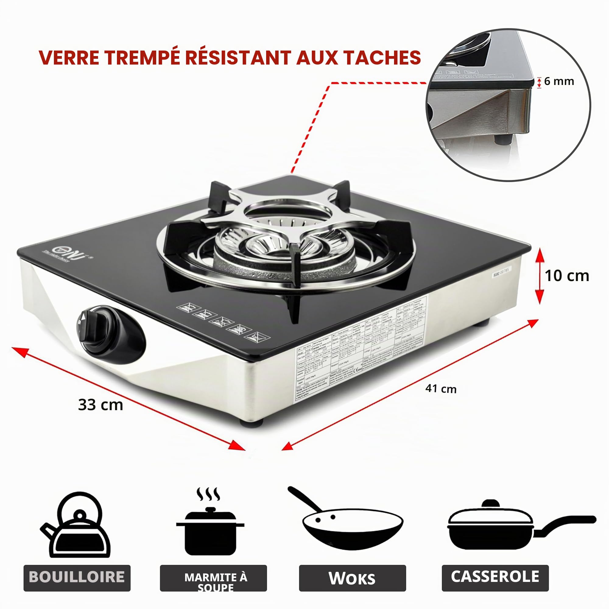 NJ NGB-S1 Réchaud gaz Portable Intérieur - Plaque de cuisson Gaz Autoportante en Verre Noir à Gaz avec Brûleur GPL pour Caravane et Camping Extérieur 4,2 kW