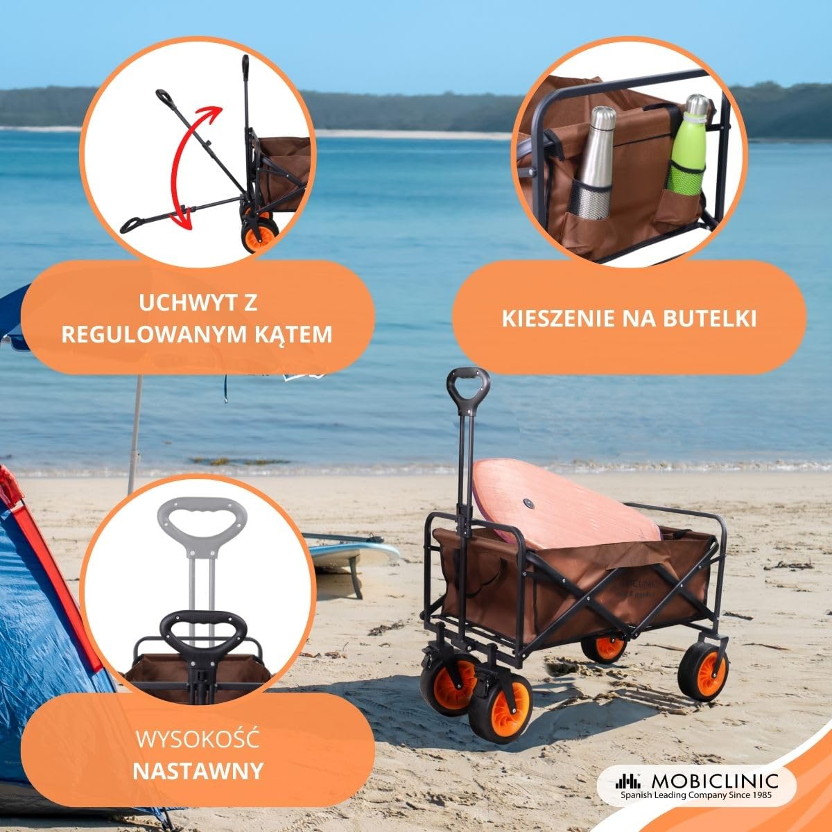Mobiclinic®, Składany wózek transportowy, Na plażę i do ogrodu, Duna pro plus, Regulowana rączka, Duże 360º terenowe koł, Dodatkowe kieszenie, 100 kg, 94x56, 5x61cm, Wodoodporny, Czerwony