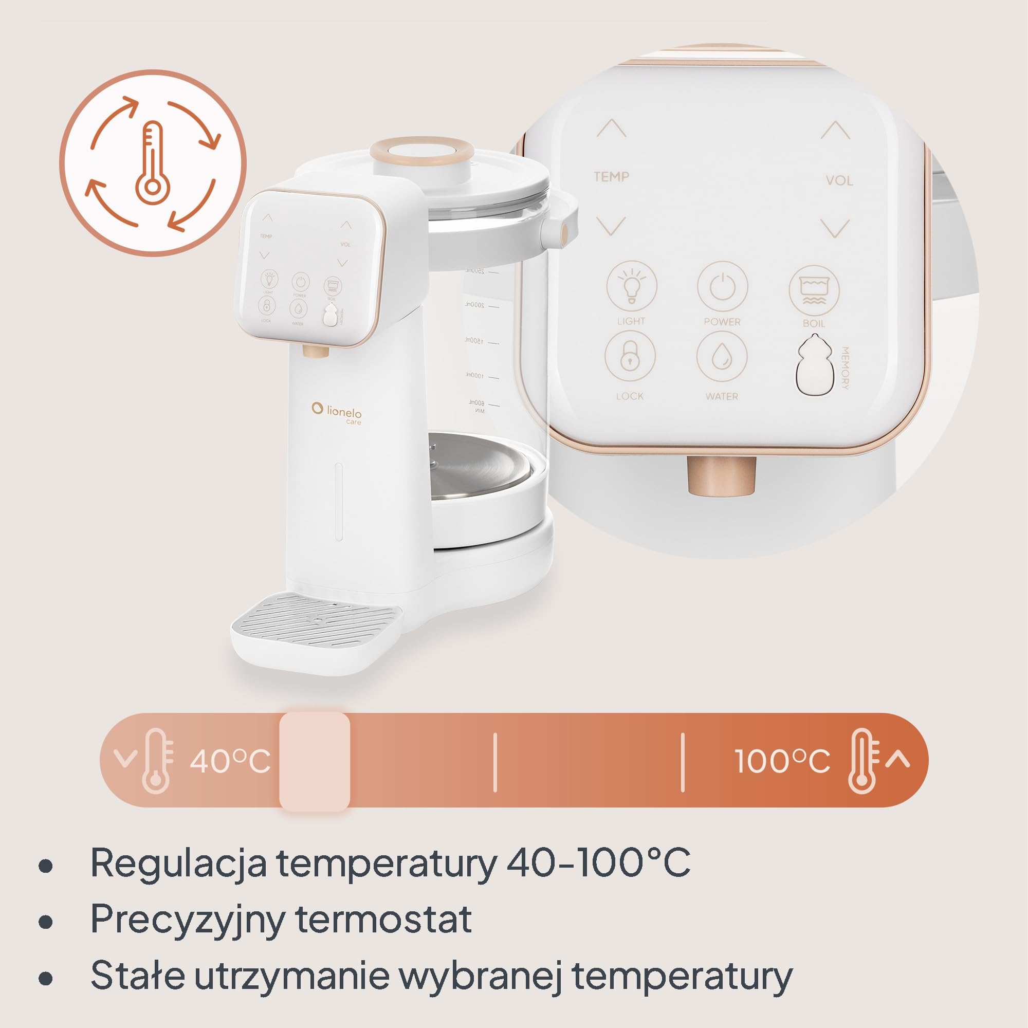 Lionelo Babypresto 2.0 urządzenie do przygotowywania butelek dla niemowląt i ogrzewacz do butelek dla niemowląt o temperaturze 40-100°C, higiena UV, dechlorowanie, dozowanie 30-300 ml, szklany