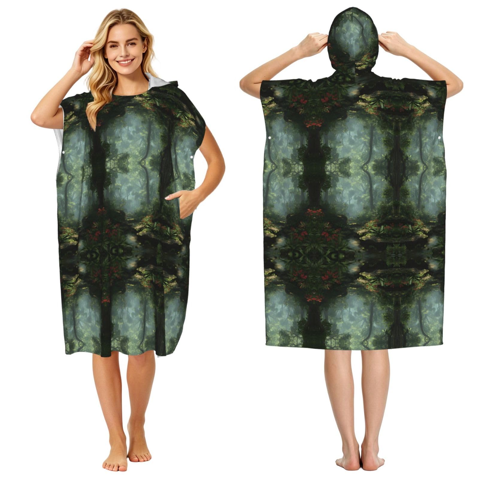 Poncho à capuche en microfibre imprimé tropical