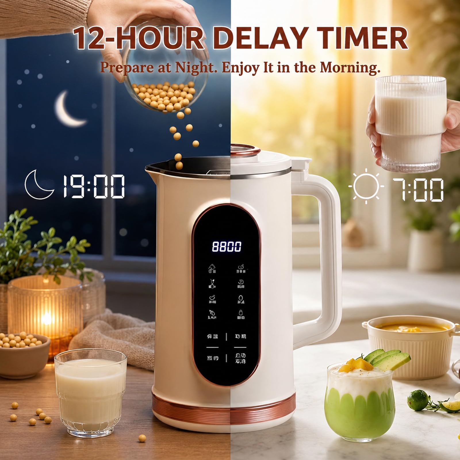 Macchina per Latte di Soia 1,5 L, Modello Automatico con Timer 12 Ore | Calore per 4 Ore, Display Intelligente, 10 Lame in Acciaio Inox e Autopulizia per Latte di Soia, Mandorla e Vegetale