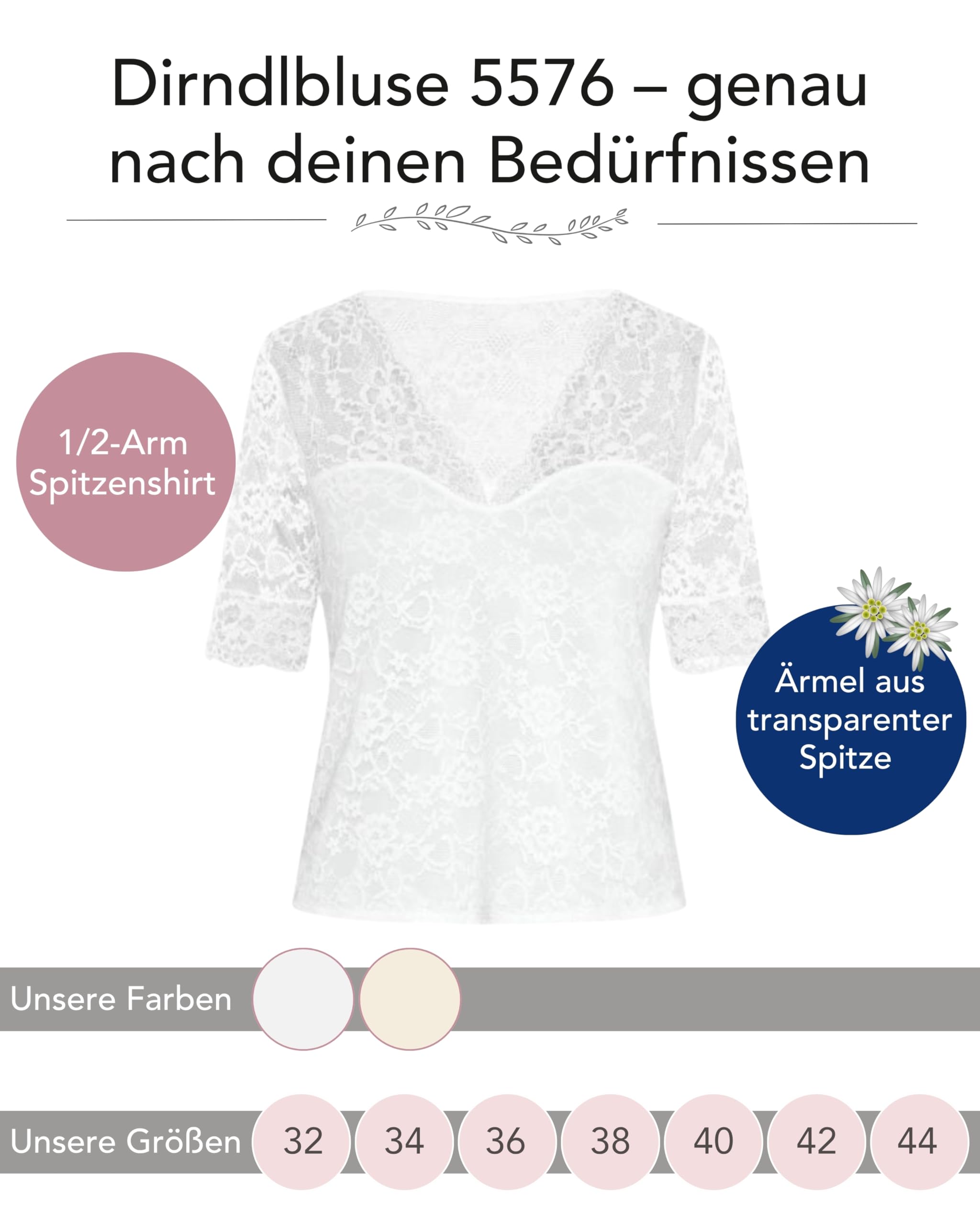 SUSA Damen Dirndlbluse - 5576 - Größe 32-44 - Mit floraler Spitze & V-Ausschnitt - Elegante halbarm Trachtenbluse - Elastisch & Blickdicht - Ideal für traditionelle Feierlichkeiten & Feste
