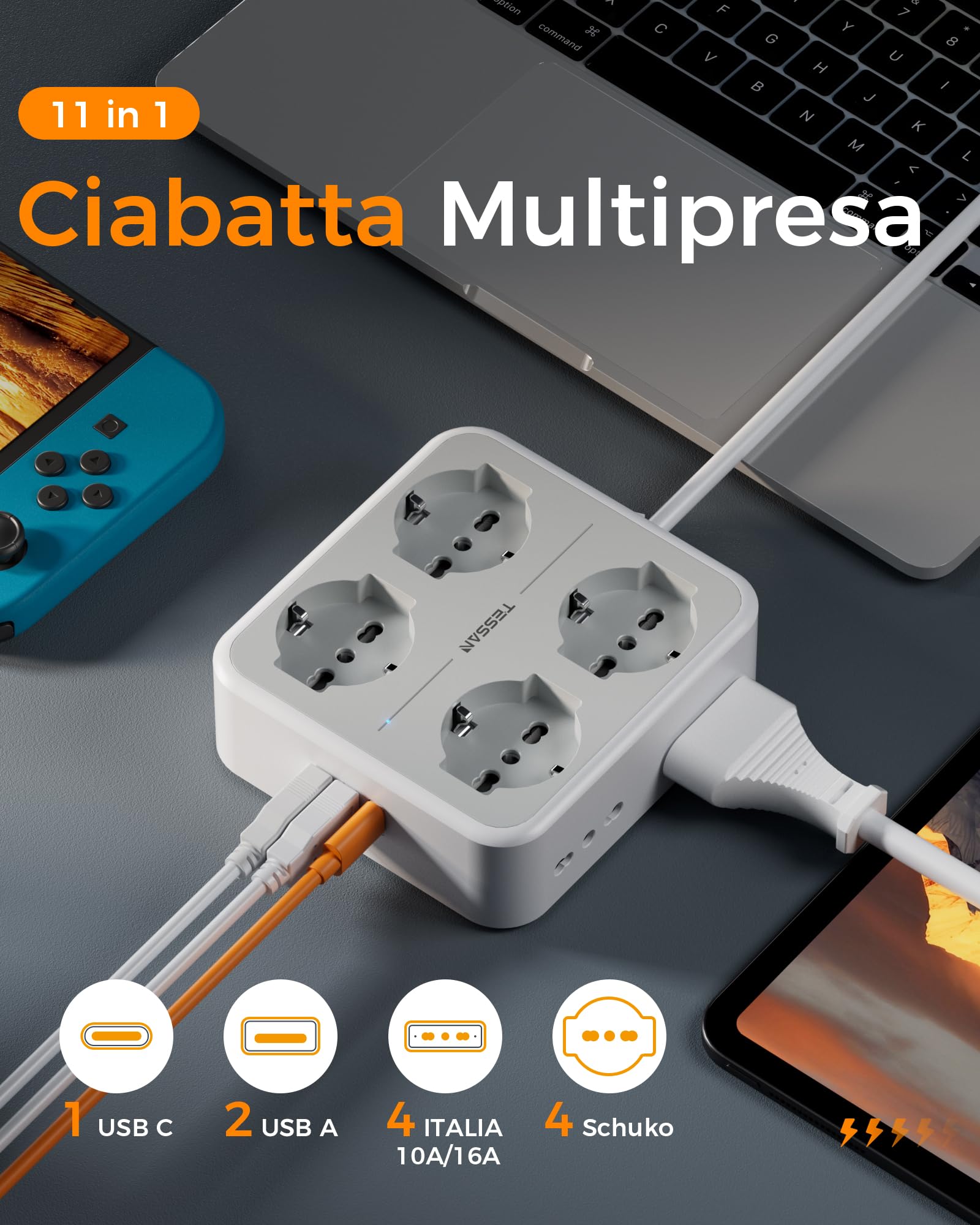TESSAN Ciabatta Multipresa con USB C, Multipresa Elettrica con Prolunga Elettrica 2 Metri, Multipresa con 4 Schuko e 4 Bivalenti 10A/16A, Presa Multipla con Interruttore, 1 USB C e 2 USB A, 3680W