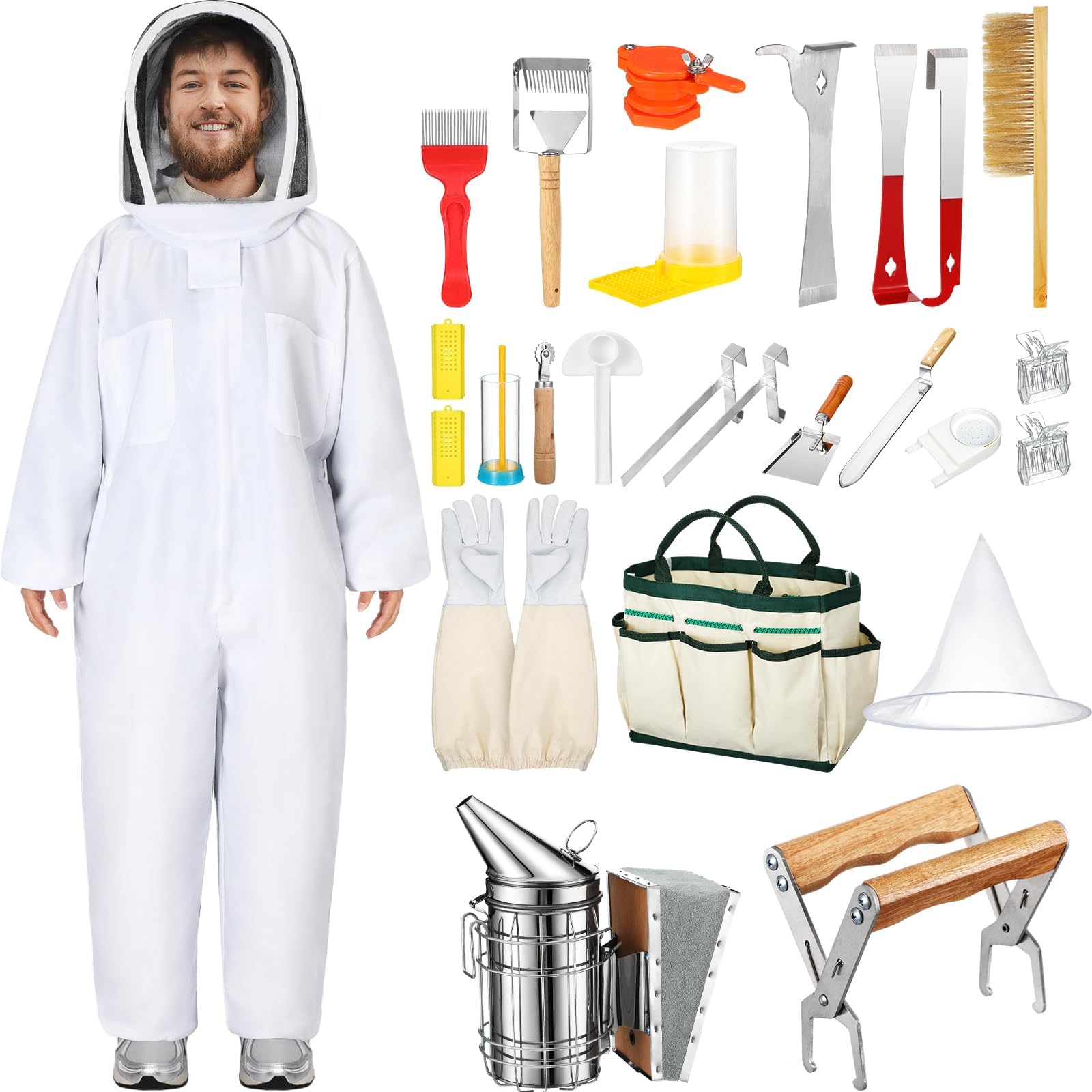 30 Pcs Beekeeping Supplies Tools Bee Suit Bees Keeper Starting Kit Bees Keeping Supplies All Bee Hive Hives Boxes Starter Kit for Beekeeper Men Women(XL)