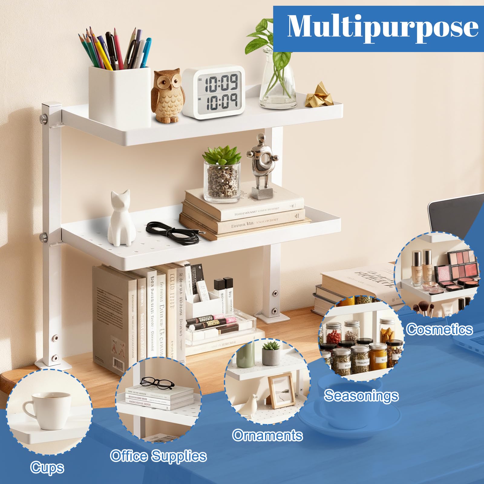 Klemmregal Schreibtisch Organizer mit 2 Ebenen, Schreibtischregal mit Lochwand & Lagerregal aus Kohlenstoffstahl, Schreibtisch Aufsatzregal Weiß für Bücherregal, Küchen Organizer, Kaffeeregal