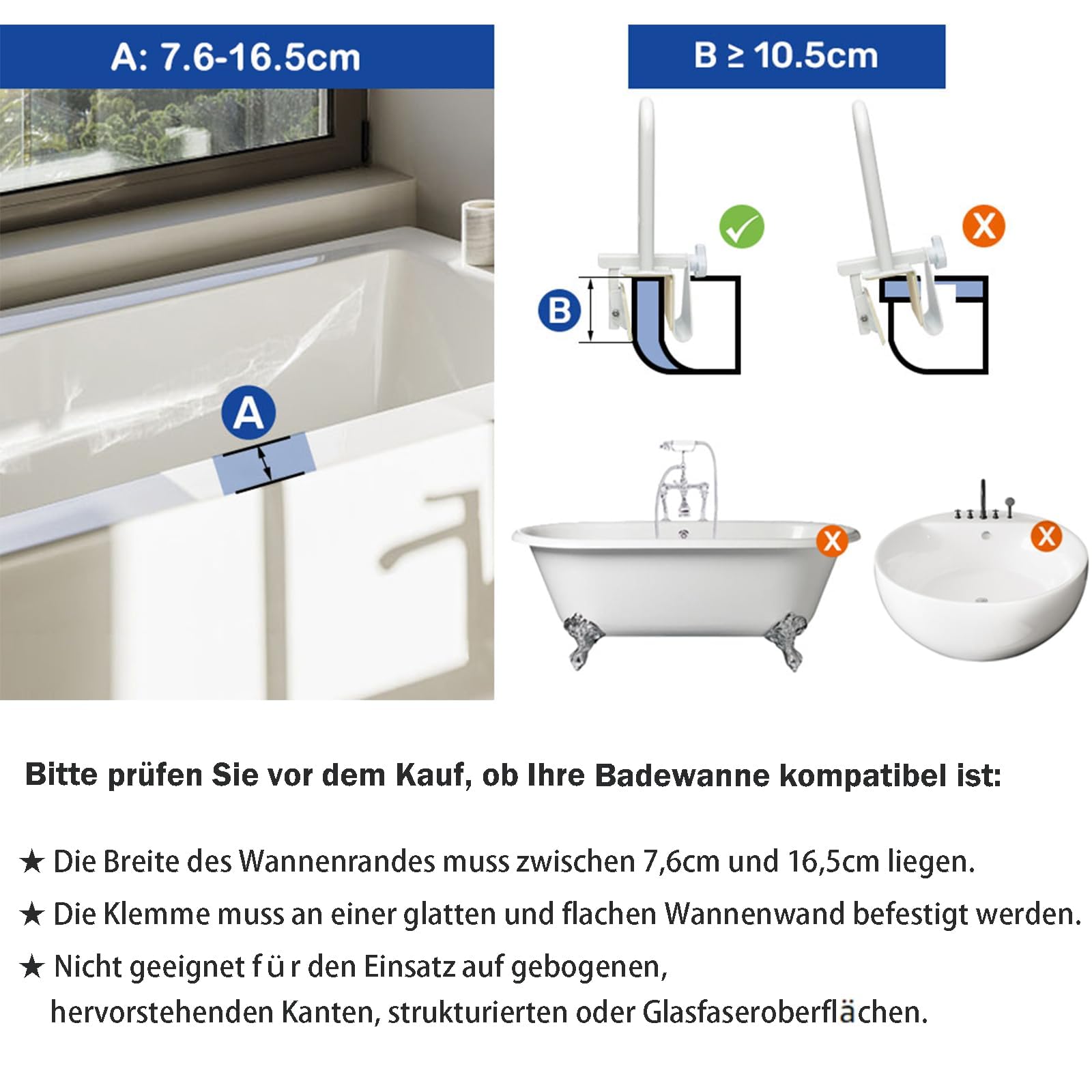 EasyVibe badewannen einstiegshilfe für senioren, Einstiegshilfe für die Badewanne, badewannenhaltegriffe Badewannengriff mit Verstellbarer Breite, belastbar mit bis zu 136 kg