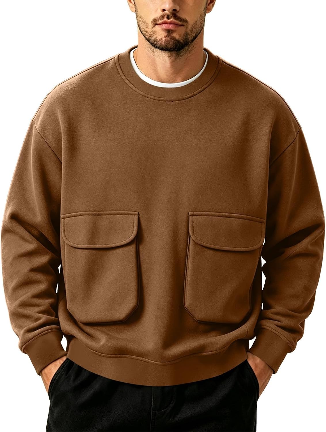 Mens Crewneck Sweatshirt Long Sleeve Oversized Cargo Pockets Tops