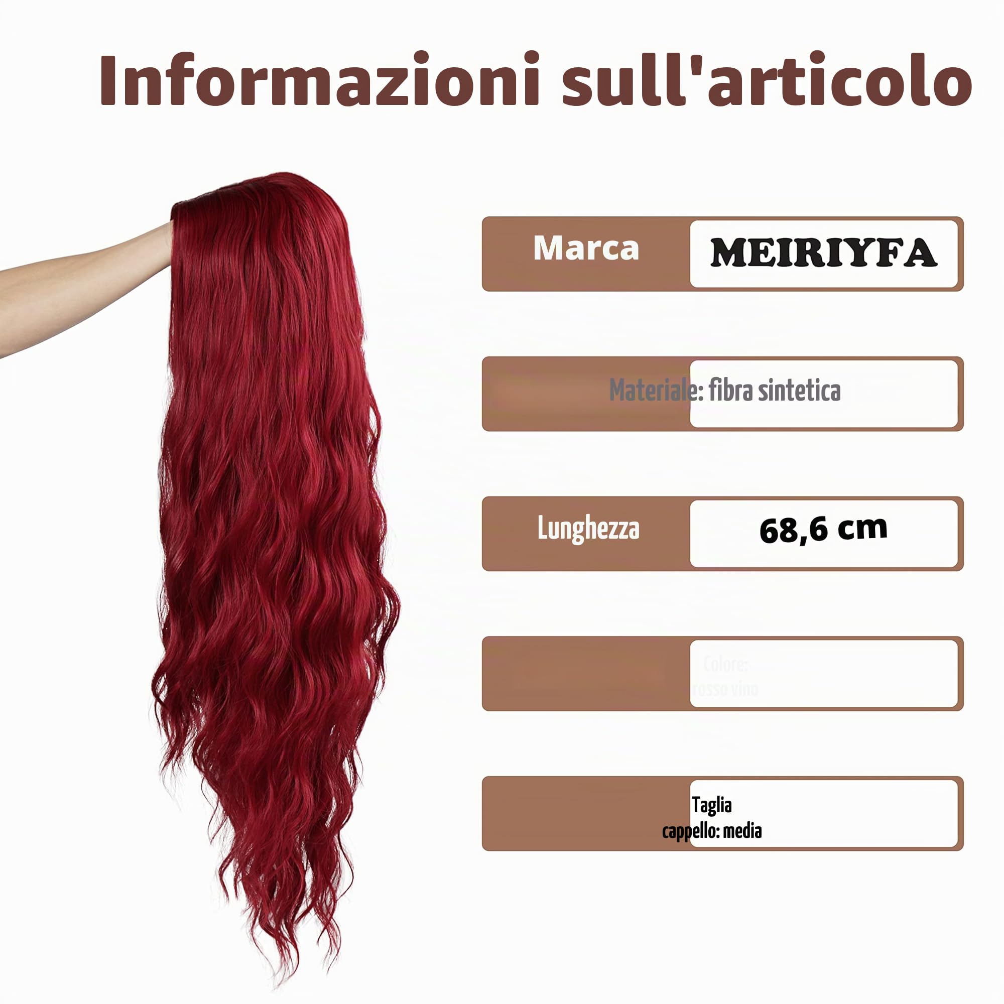MEIRIYFA Parrucca ondulata lunga riccia per donna acqua rossa vino parte centrale senza frangia parrucche sintetiche dall'aspetto naturale