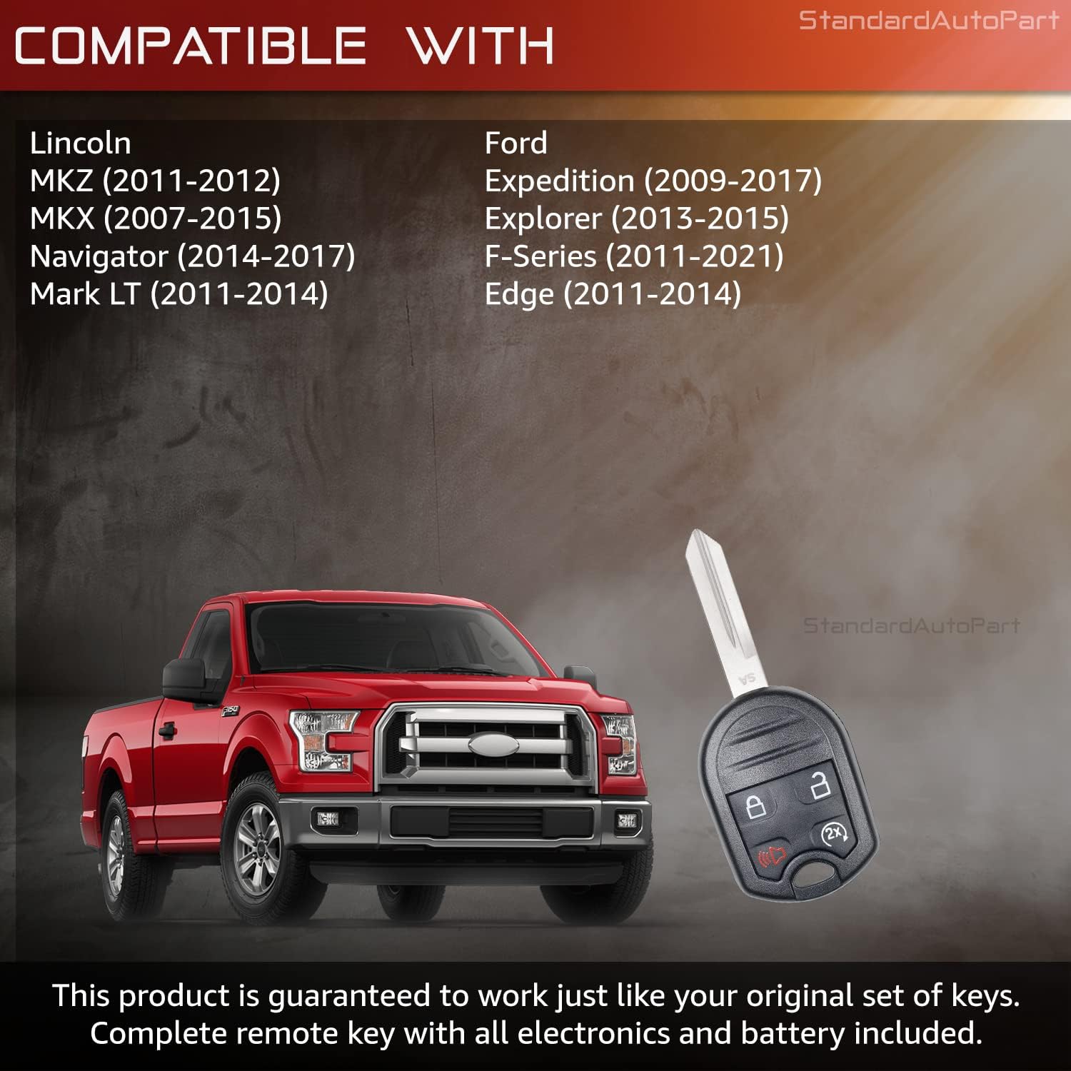 StandardAutoPart Car Remote Head Key Compatible with Ford Edge Expedition Explorer F-150 F-250 Mark LT MKS MKZ 164-R8067 r8067 8067 5912561 with Remote Start (Single)