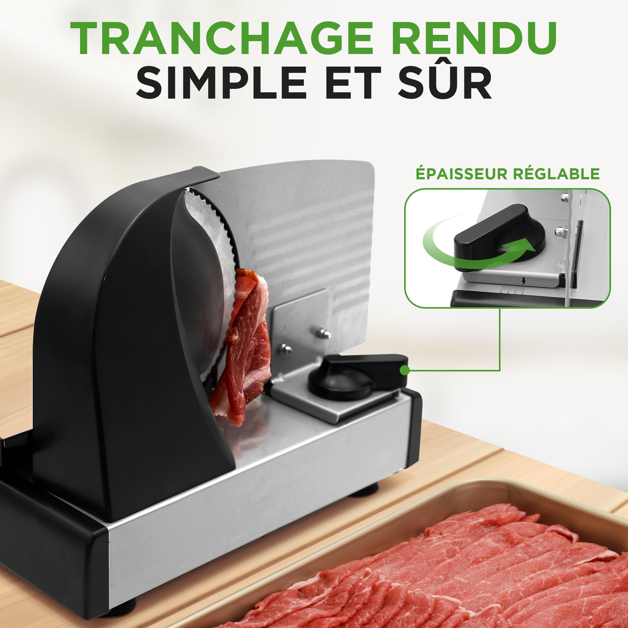 NutriChef Trancheuse Électrique 200 W pour Viande et Pain – Lame Amovible Inox 19 cm, Épaisseur Réglable 0 à 15 mm, Trancheuse Automatique Compacte, Noir
