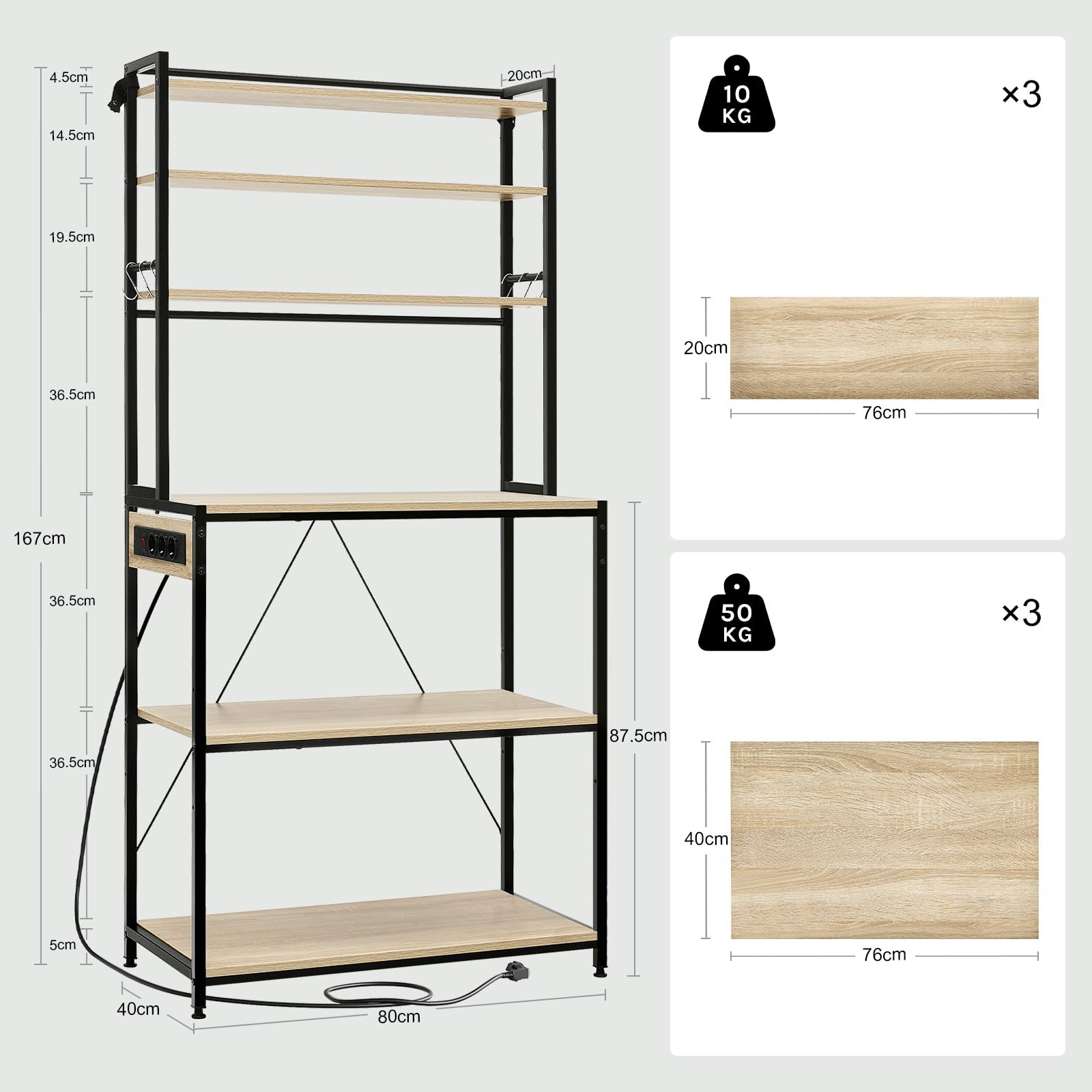 WOLTU 6-laags keukenrek met stopcontacten, magnetronrek met 6 haken, bakkersrek met metalen frame, verstelbare plank, Zwart Rustiek Bruin, 60 x 167 x 40 cm