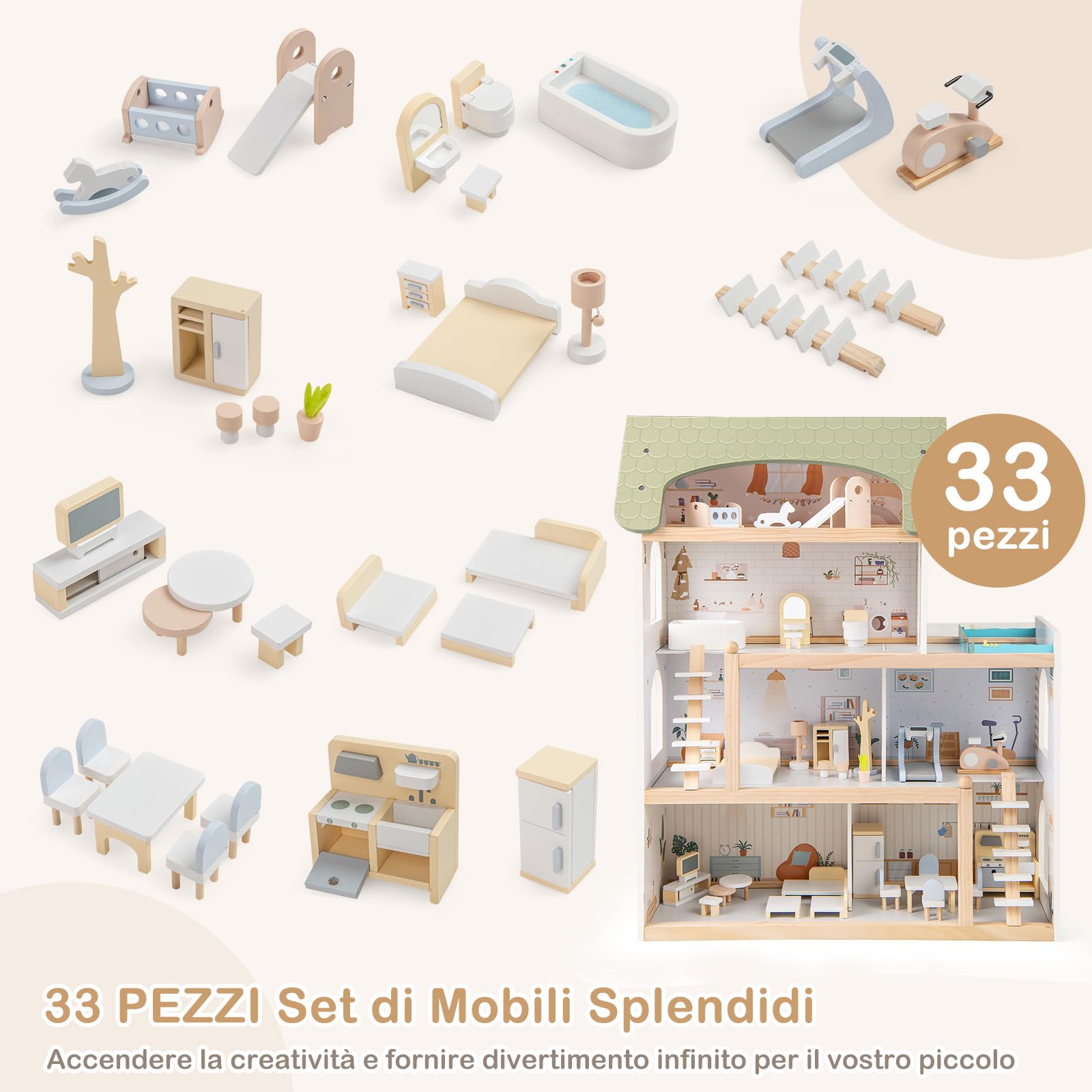 RELAX4LIFE Casa delle Bambole in Legno, con 6 Staze, Terrazza con Piscina, Set di Mobili Simulati, 2 Scale, Playset di Costruzione Fai da Te per Bambini 3+ Anni,62x25x78cm