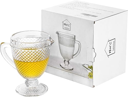 Miniatura 7 de Jarra de vidrio con boquilla de 34 onzas. Jarra transparente para servir con patrón de diamante en relieve para bebidas heladas, té, refrescos,