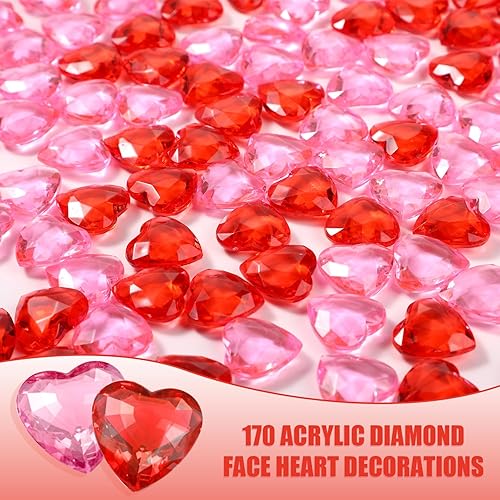 Miniatura 3 de BOXOB 170 piezas de corazón acrílico rojo y rosa para el día de San Valentín, cristales en forma de corazón de 1 x 1 pulgada, piedras preciosas de
