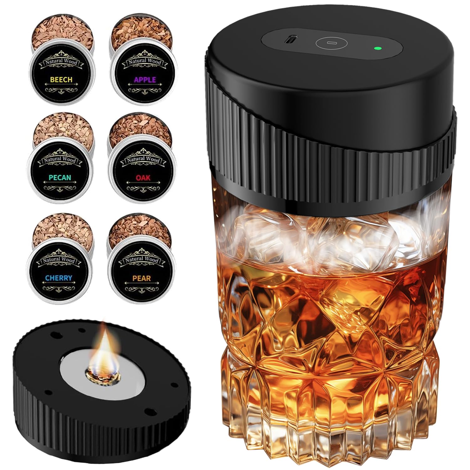 Kit di Fumo di Whisky Elettrico Portatile - Kit di Fumo di Cocktail Multifunzionale Ricaricabile con 6 Truciole di Legno (Senza Butano) - Accendino Incorporato