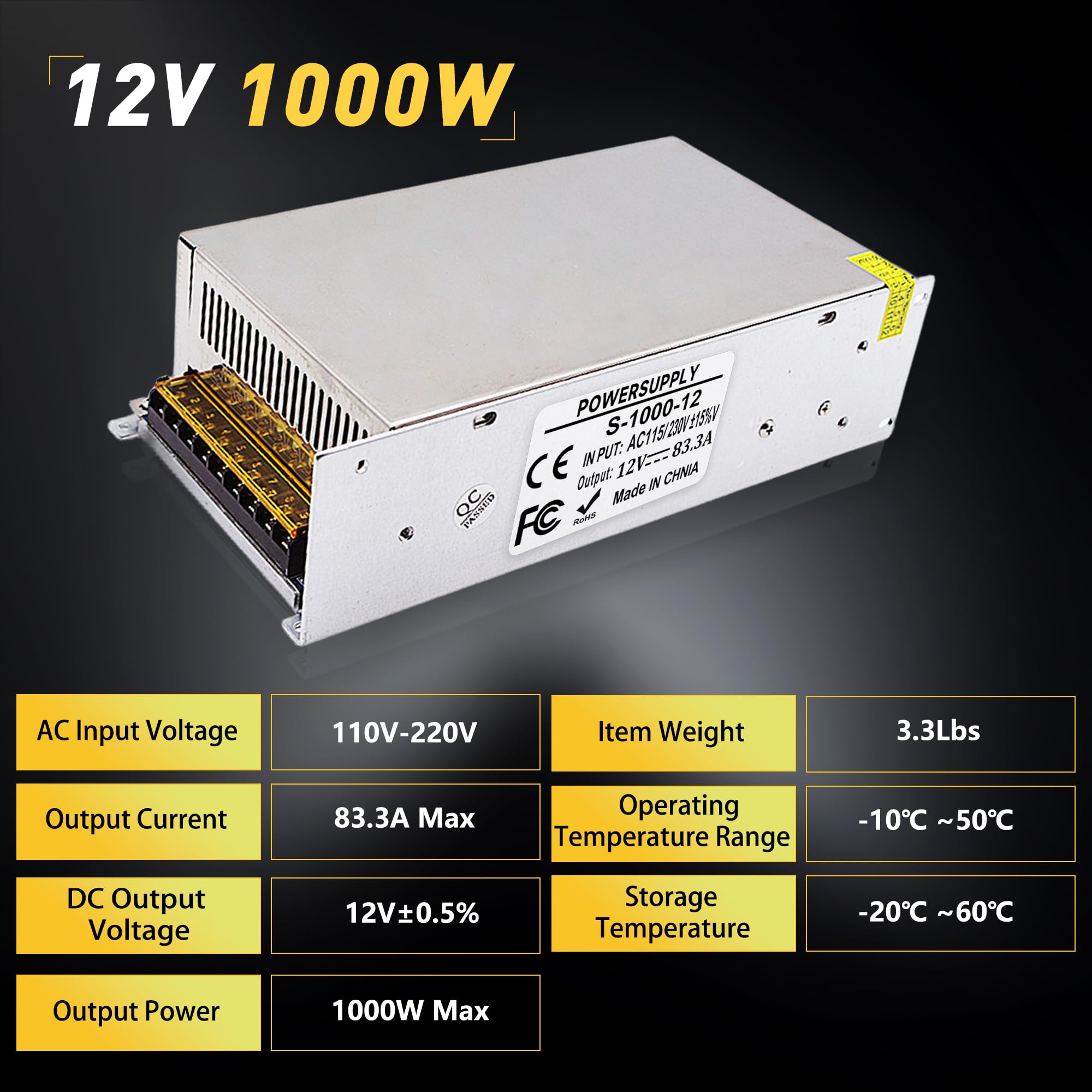 Konwerter AC na DC 110 V na 12 V 83 A 1000 W, AC 110 V 220 V na DC 12 V uniwersalny zasilacz przełączający regulowany transformator SMPS adapter AC na DC do LED, CCTV, RV (DC12V-83A-1000A)