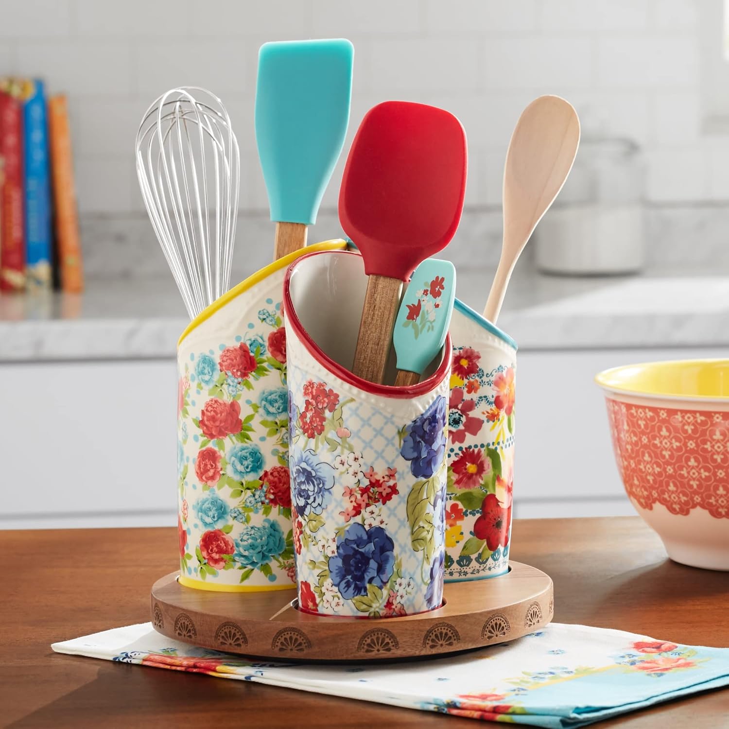 Floral Medley Ceramic 3-Compartment Utensil Holder with Wooden Base
