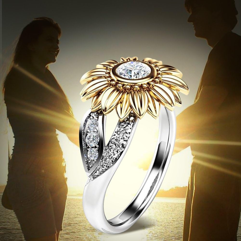 Ring Fashionable Round Copper Sunflower Ring with Bright Zircon Decoration 4 Sizes(7#)