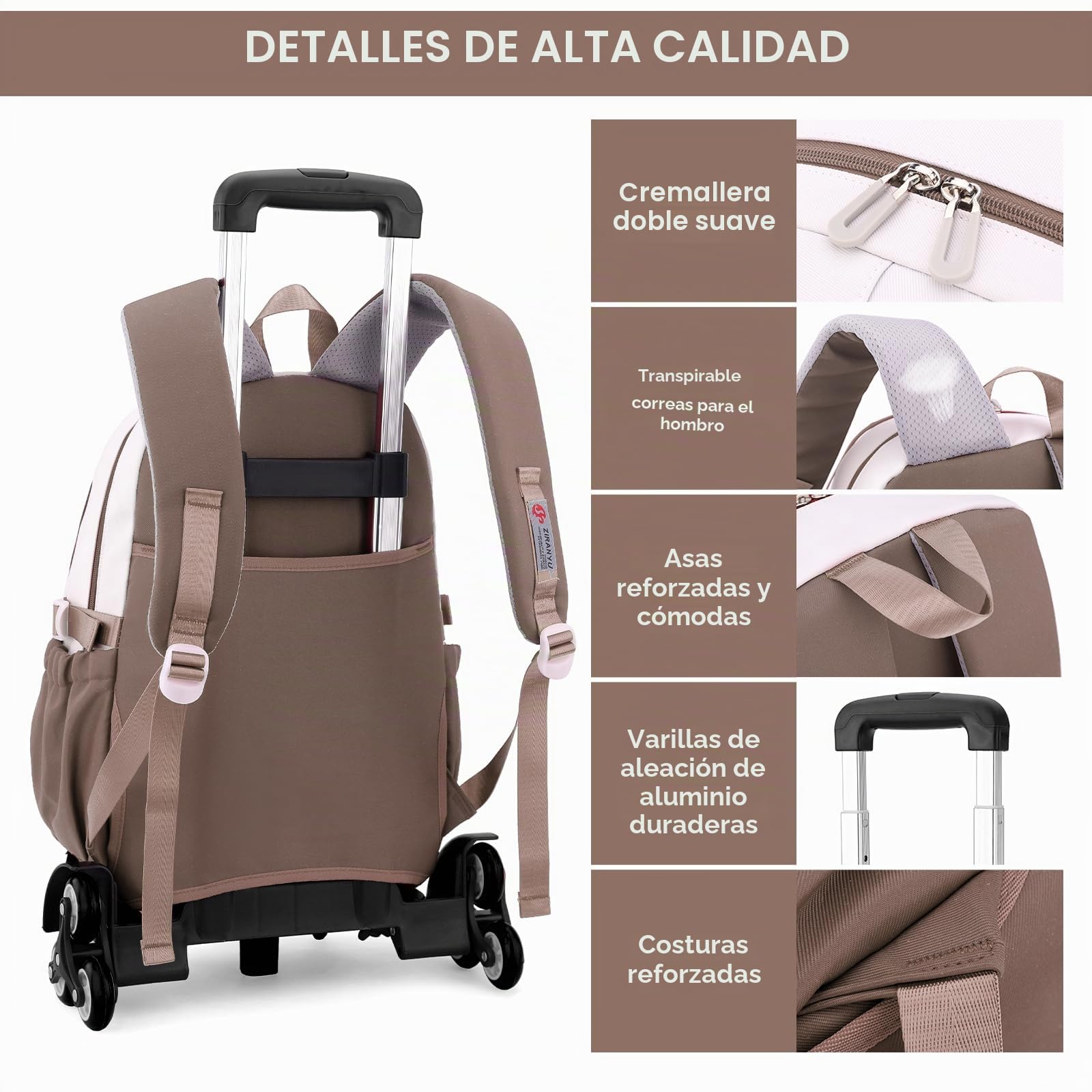 IvyH Mochila con Ruedas para Niñas Niños, Mochila Escolar Adolescentes 6 Ruedas, Carro Mochila Primaria para Chicas Chicos (Marrón)