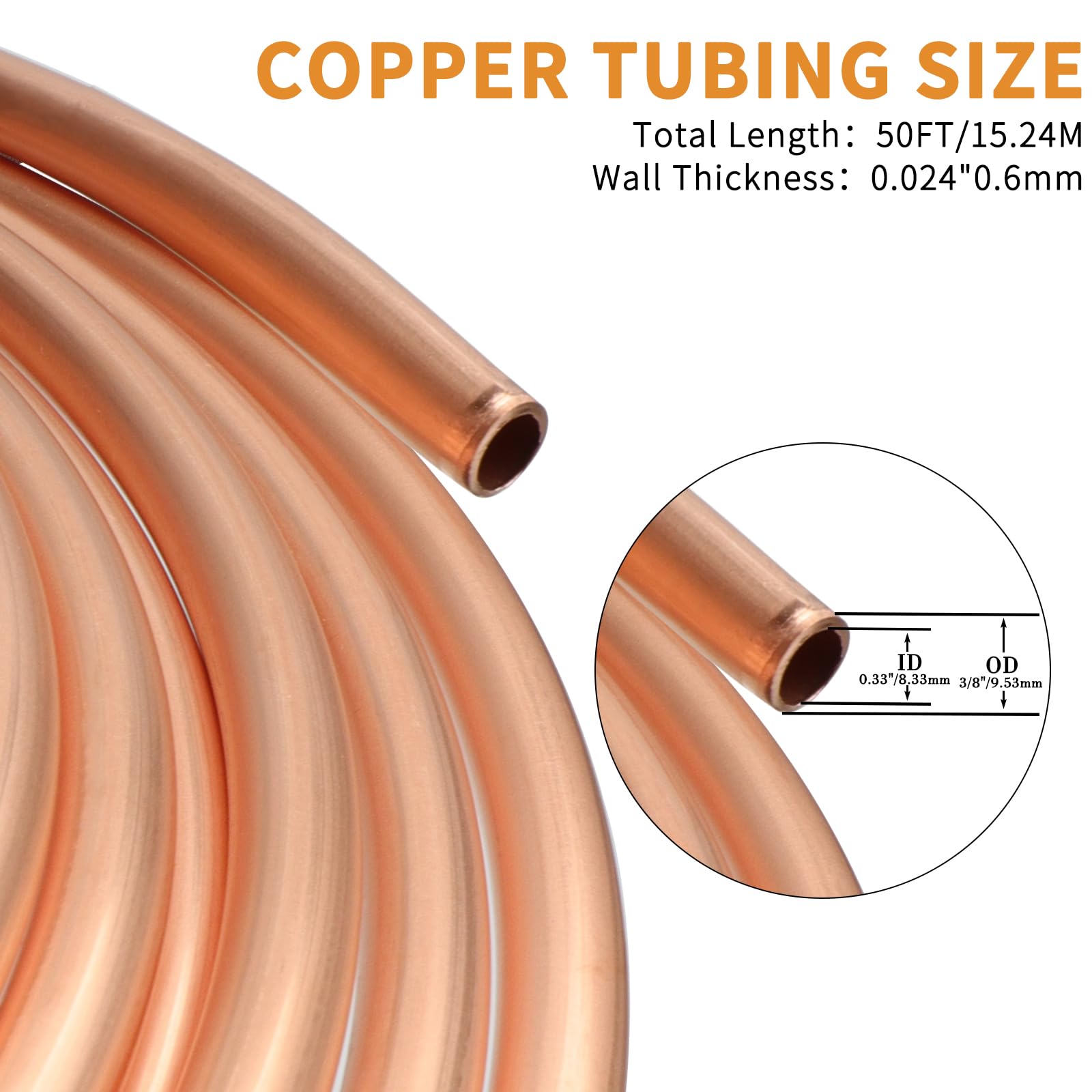 Tubo de cobre de 3/8 pulgadas de diámetro exterior x 21/64 pulgadas de diámetro interior x 50 pies, tubo de cobre puro, tubo redondo de tubo de metal, bobina de cobre, aire acondicionado