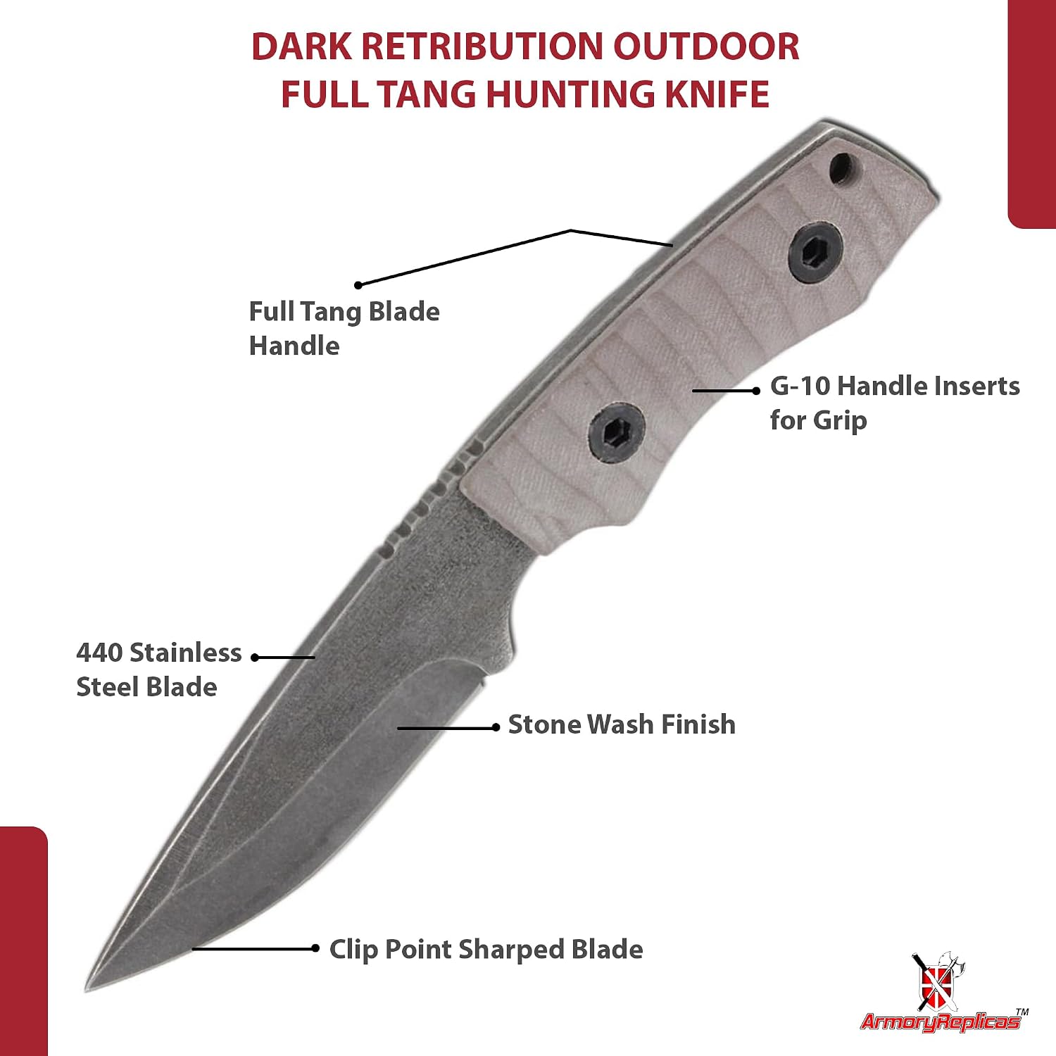 Armory Replicas Dark Retribution Hunting Knife – Drop Point Stonewash Blade with G10 Handle – Full Tang Fixed Blade Survival Knife – Outdoor Tactical Camping & Hiking Knife with Sheath