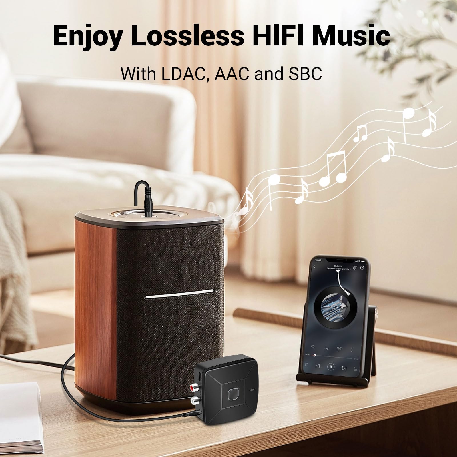 Ricevitore Bluetooth 6.0 per impianto stereo con SBC, decodifica AAC, decodifica Hi-Res, adattatore Bluetooth aux (jack da 3,5 mm su 2 prese RC), AVRCP, A2DP, HFP, protocolli Bluetooth HSP, USB-C
