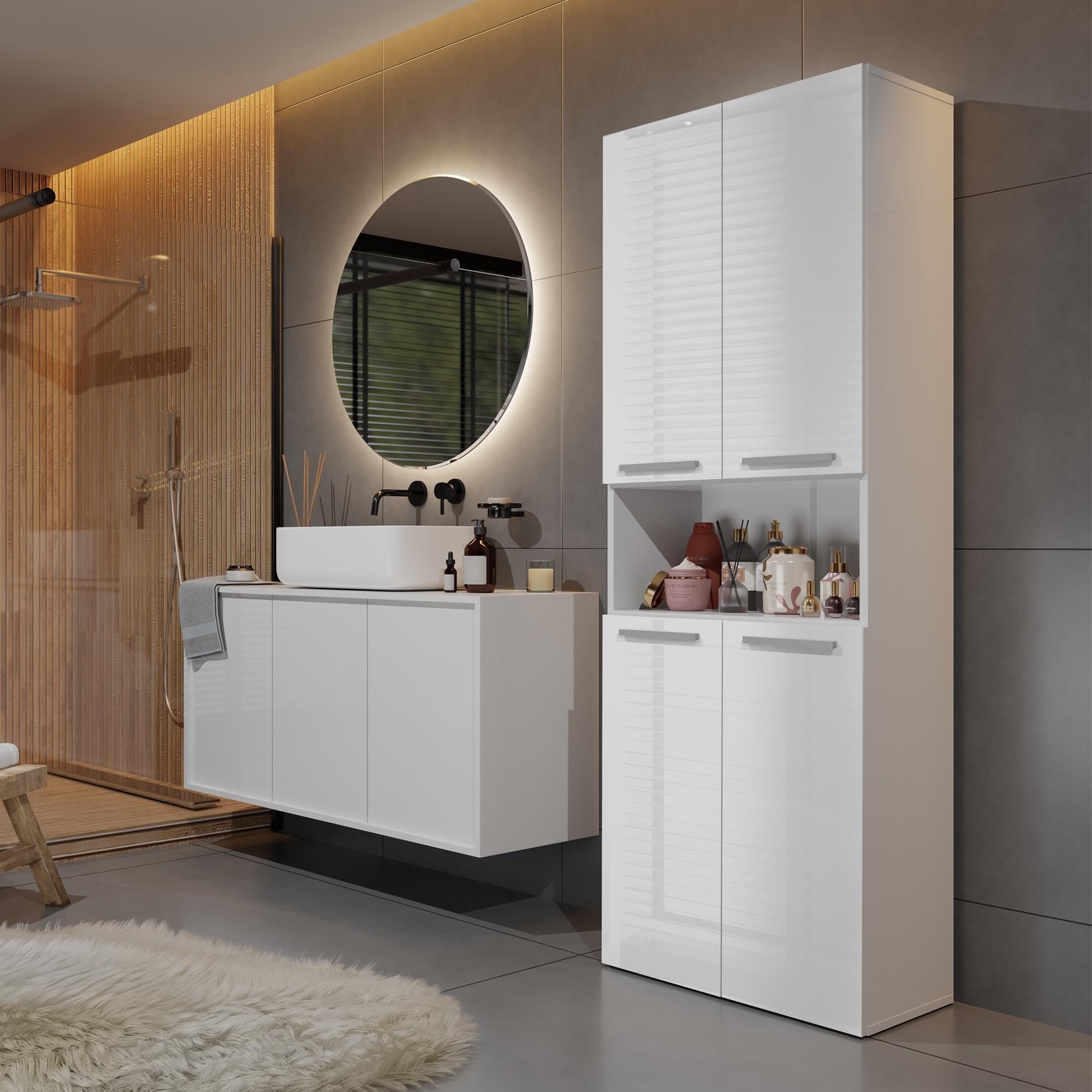 CDF Armario de Baño con 1 Cesto Ropa Sucia, Armario Alto, Bolsa de Ropa Extraíble con Asas Compartimento con Puerta 30 x 60 x 174 cm Bianco Brillo Montaje Sencillo