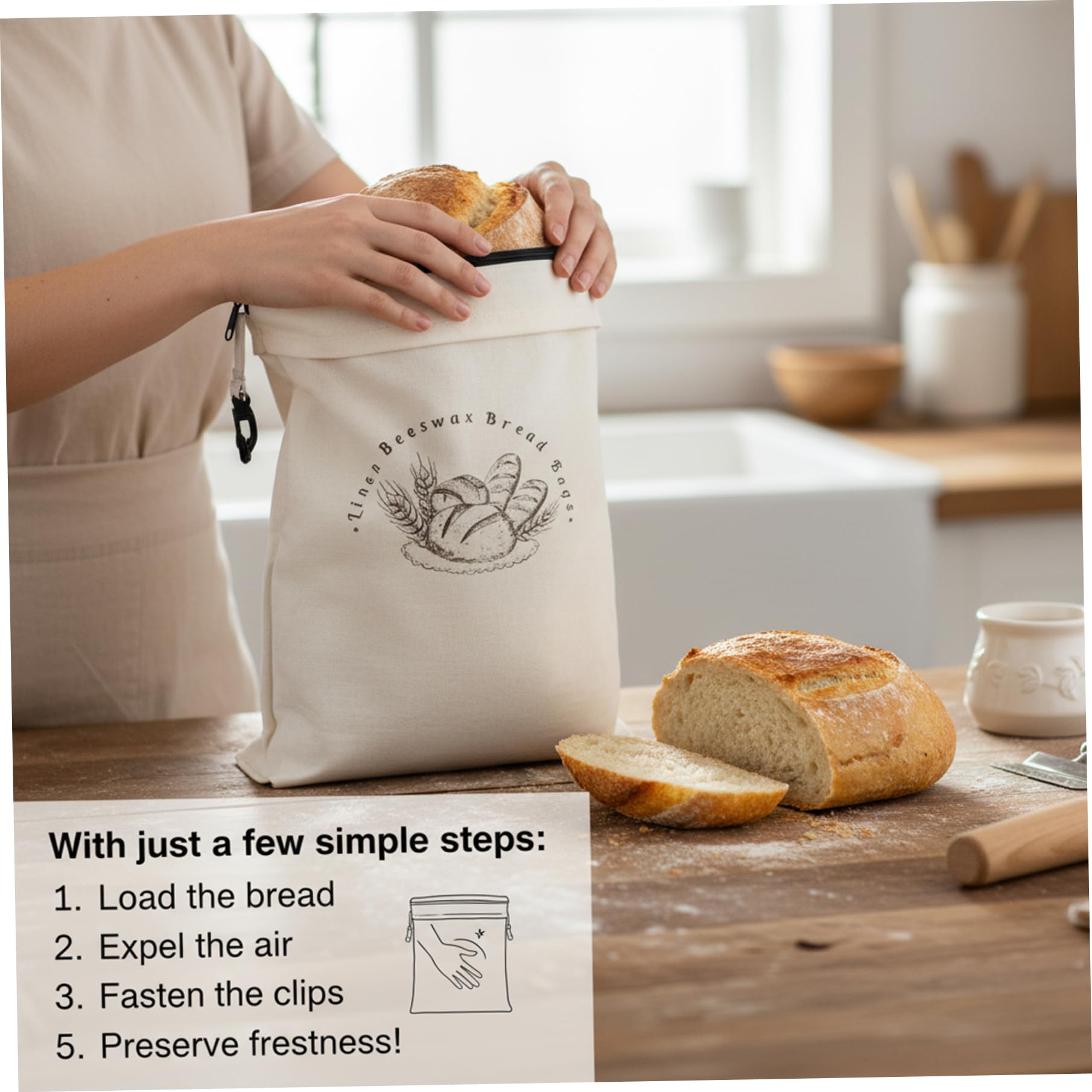 Bolsas de pan de cera de abejas, paquete de 2, bolsa de pan de masa madre reutilizable con cremallera y correa, revestimiento de cera de abejas natural sobre algodón orgánico para mantener fresco, 17