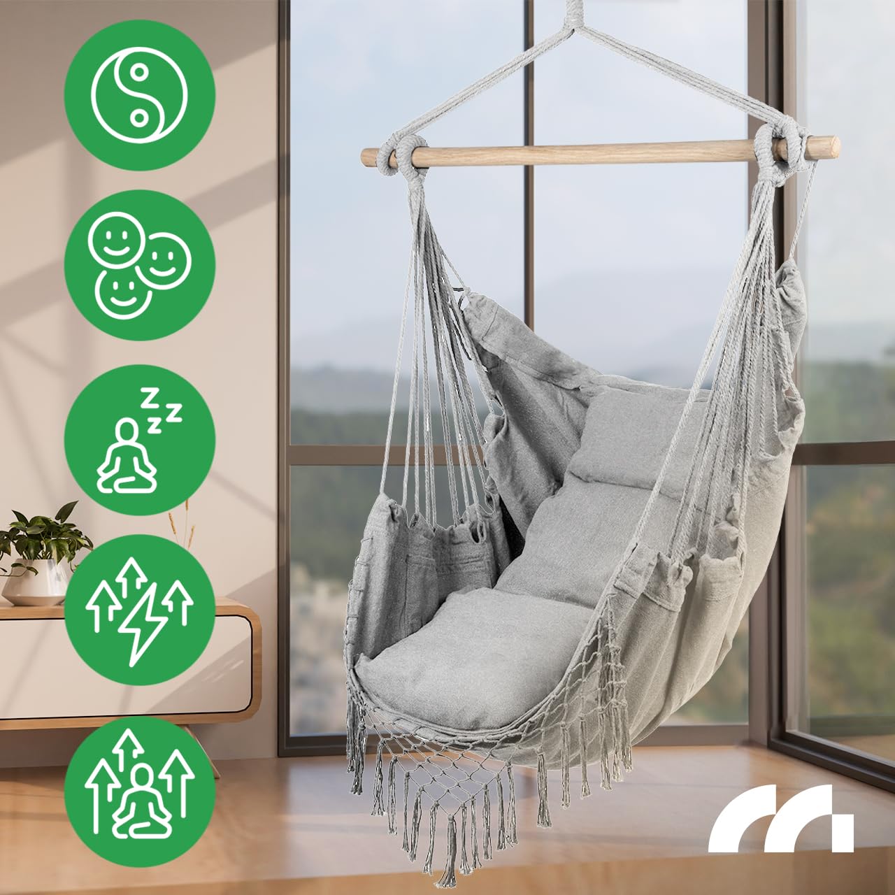 MalTec Hängesessel mit Kissen Gartenstuhl, Hängeschaukel, Hängematte für Wohnzimmer, Terrasse, Garten, Hellgrau bis 120 kg belastbar, Outdoor Indoor Brasilianische Hängematte Garten