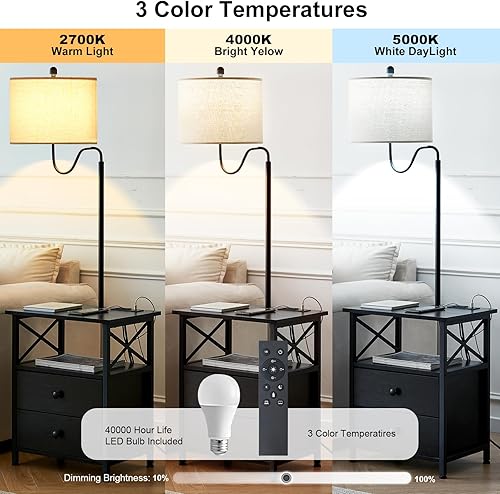 Miniatura 4 de LOKHOM Mesa auxiliar de 59 pulgadas con lámpara, lámpara de pie con mesa adjunta con 2 cajones de madera maciza y puertos USB, 2 tomacorrientes,