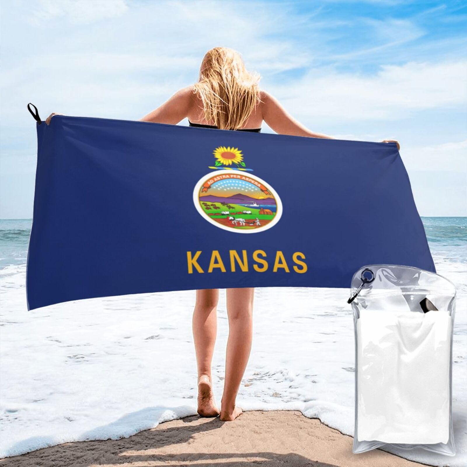 DIEzig Kansas State Flag Print Beach Towel Fast Dry Thin For Holiday Vacation Cruise Gym Swimmers