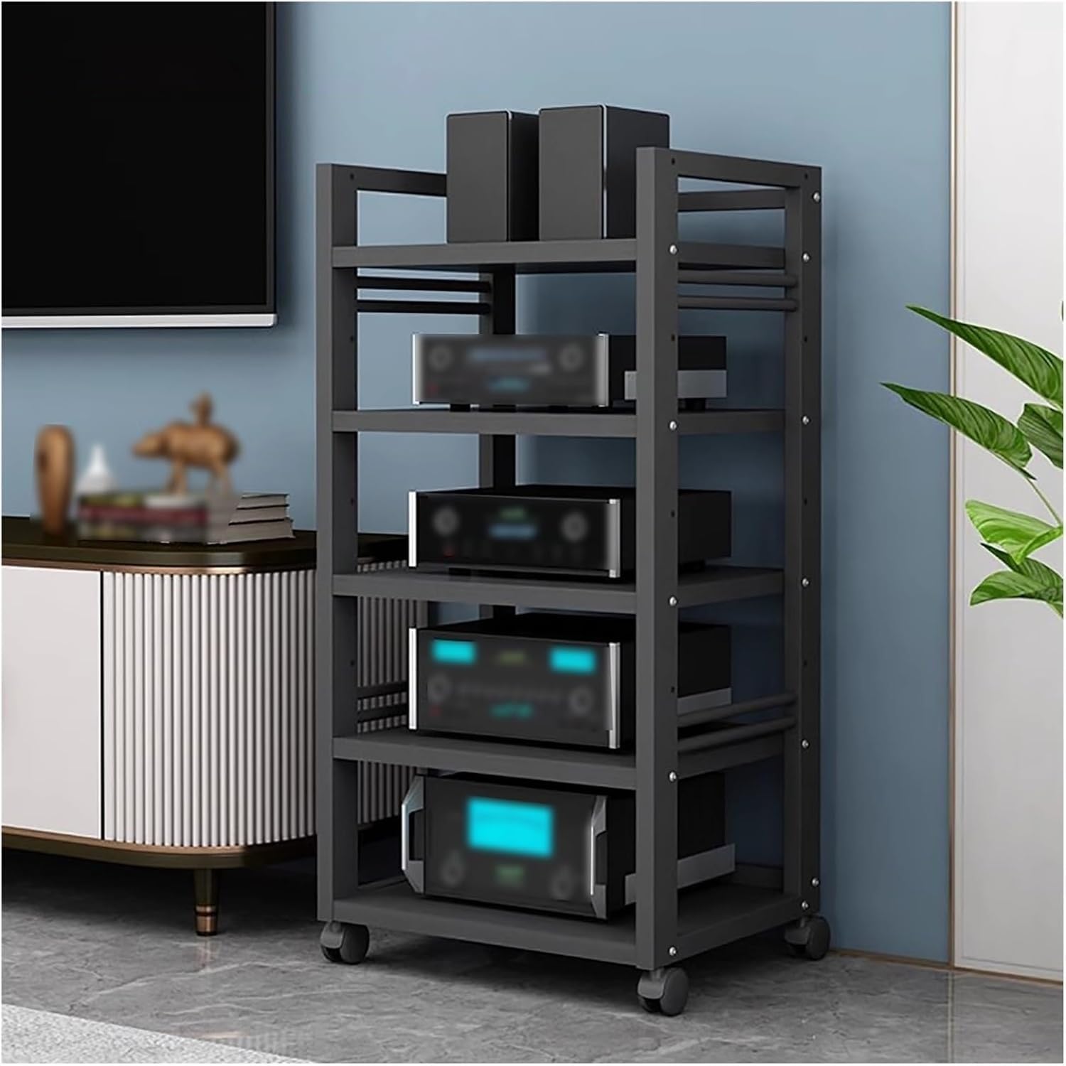 Estante multimedia HiFi con ruedas y soporte AV de 4 niveles para cine en casa