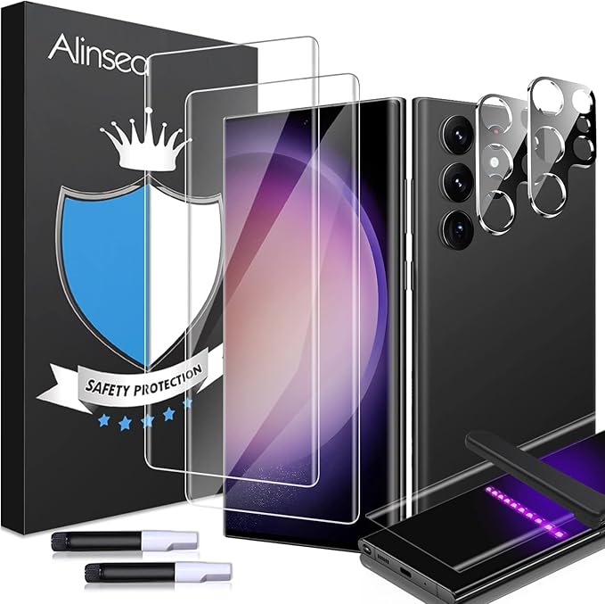 [Updated] 4 Pack Alinsea Galaxy S23 Ultra Screen Protector 2pcs + 2pcs Camera Lens Protector UV