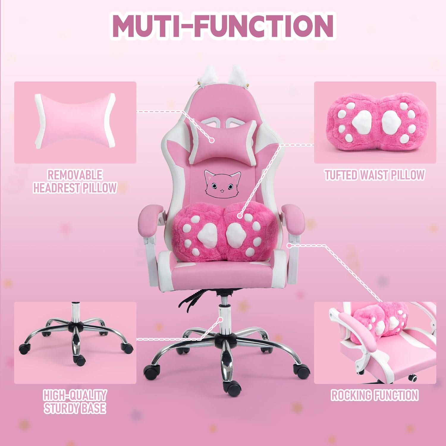 ALEAVIC Pink Gaming Chair with Cat Paw Lumbar Cushion and Cat Ears, Reclining PC Game Computer Chairs, Ergonomic Gamer Chair for Kids, Girls, Teens