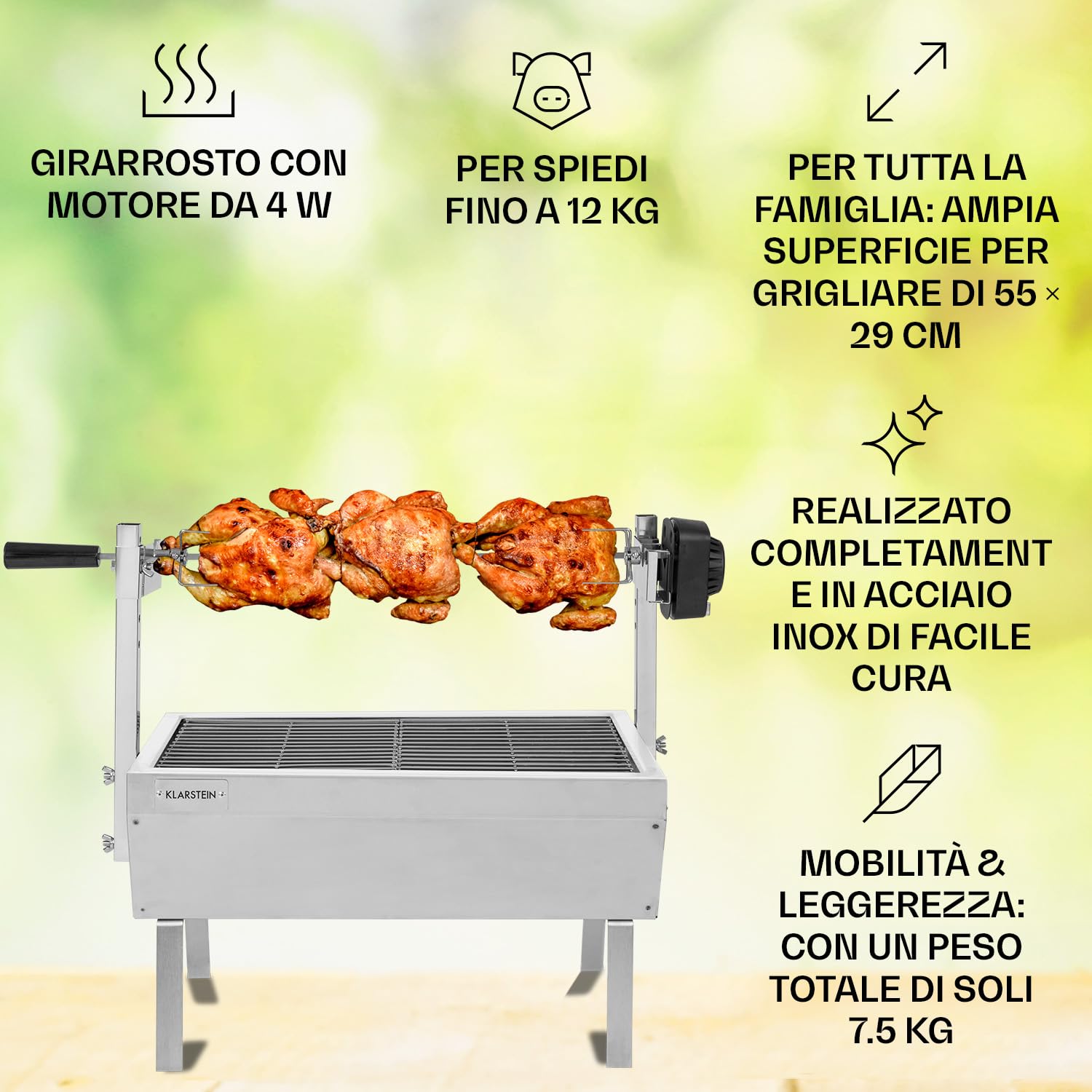 Klarstein 2-in-1 Kit Arrosto e Barbecue Elettrico Portatile, Barbecue Grill con Ruote da Trasporto, Barbecue con Griglia in Acciaio Inossidabile da Giardino, Barbecue da Terrazzo, Campeggio, Balcone