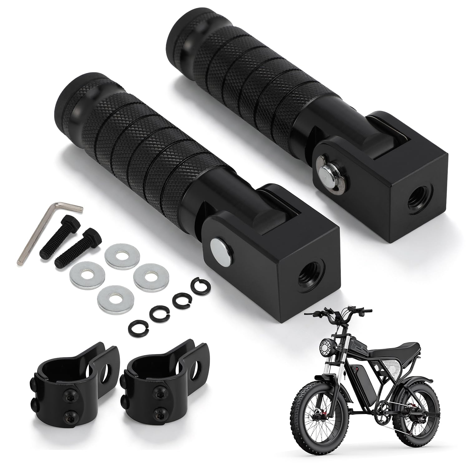 Ebike Passenger Footpegs, Rear Foot Pegs M8 Foldable Universal-Black