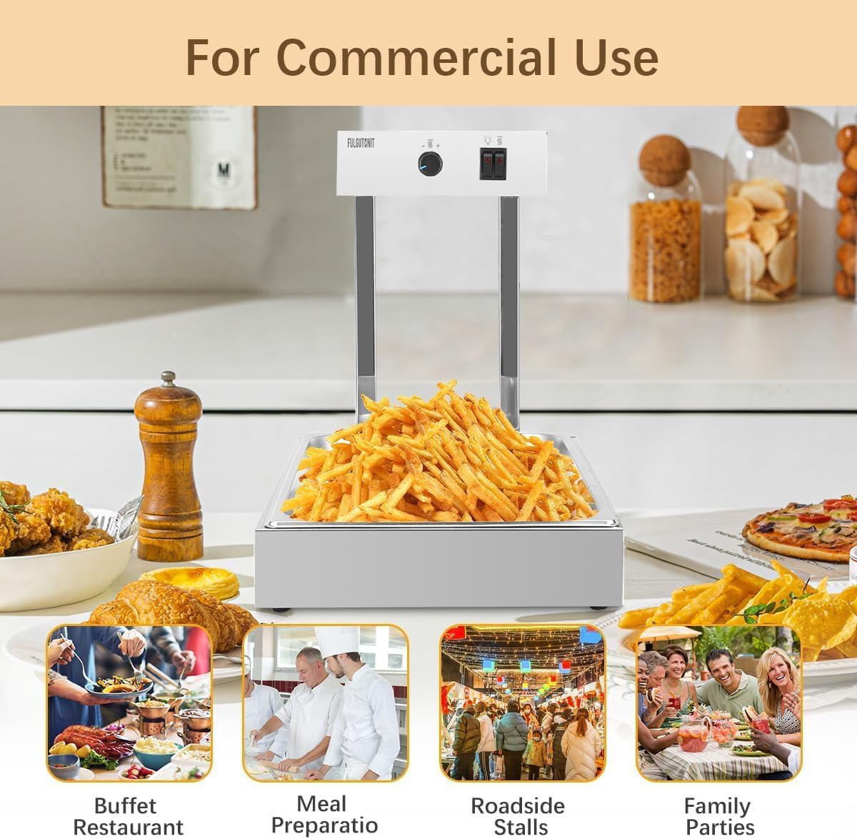 French Fry Warmer, Commercial Heat Light Food Warmer Thermostable Food Heating Lamp for Chips, Stainless Steel Free-Standing Infrared Heating Dump Station