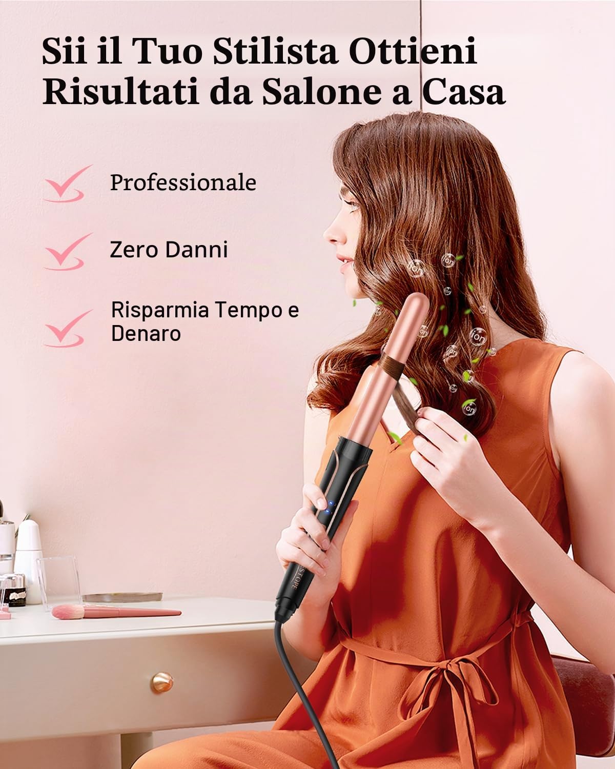 BESTOPE PRO Set Ferro Onda 5 in 1 - Include 3 cilindri in ceramica per creare grandi onde, inclusa regolazione della temperatura, riscaldamento rapido e guanto, 2 clip, oro rosa