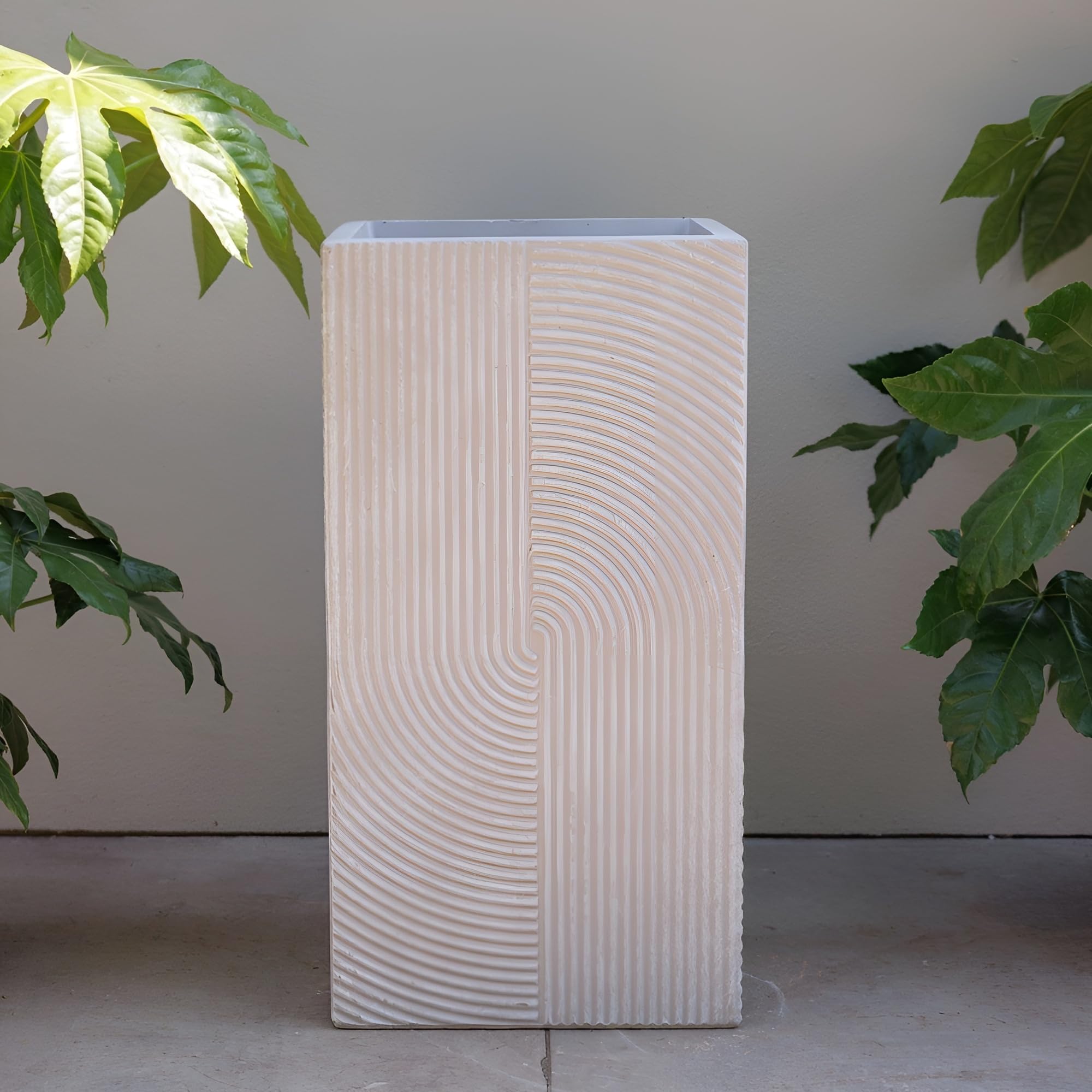 Primrose Grey Ribbed Swirl Design Tall Square Outdoor Planter In White 68Cm