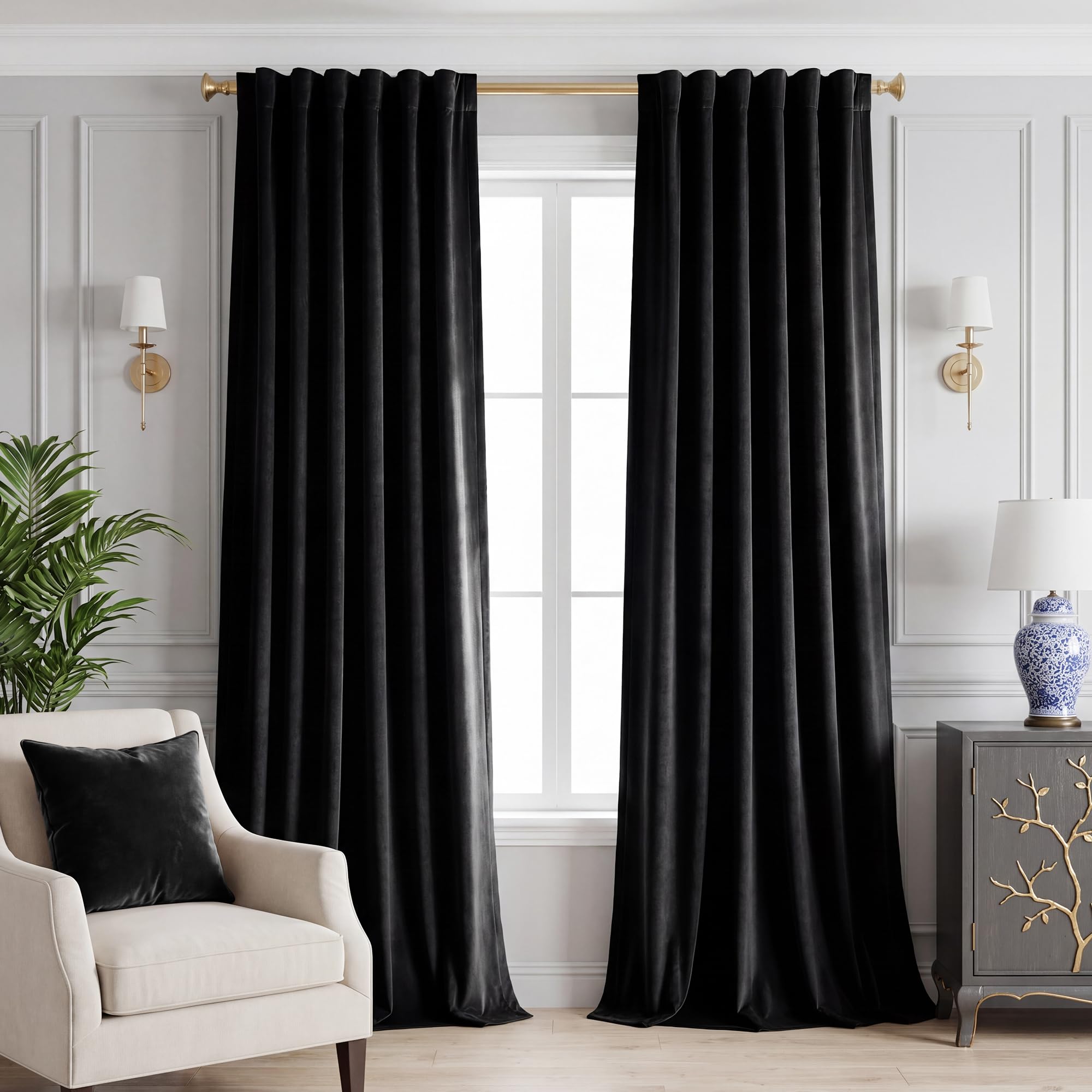 StangH Black Curtains 144 inches Long Soft Velvet Blackout Thermal Insulated Window Drapes Back Tab Luxury Home Decor for High Ceiling/Villa, W52 x L144, 2 Panels — image 1