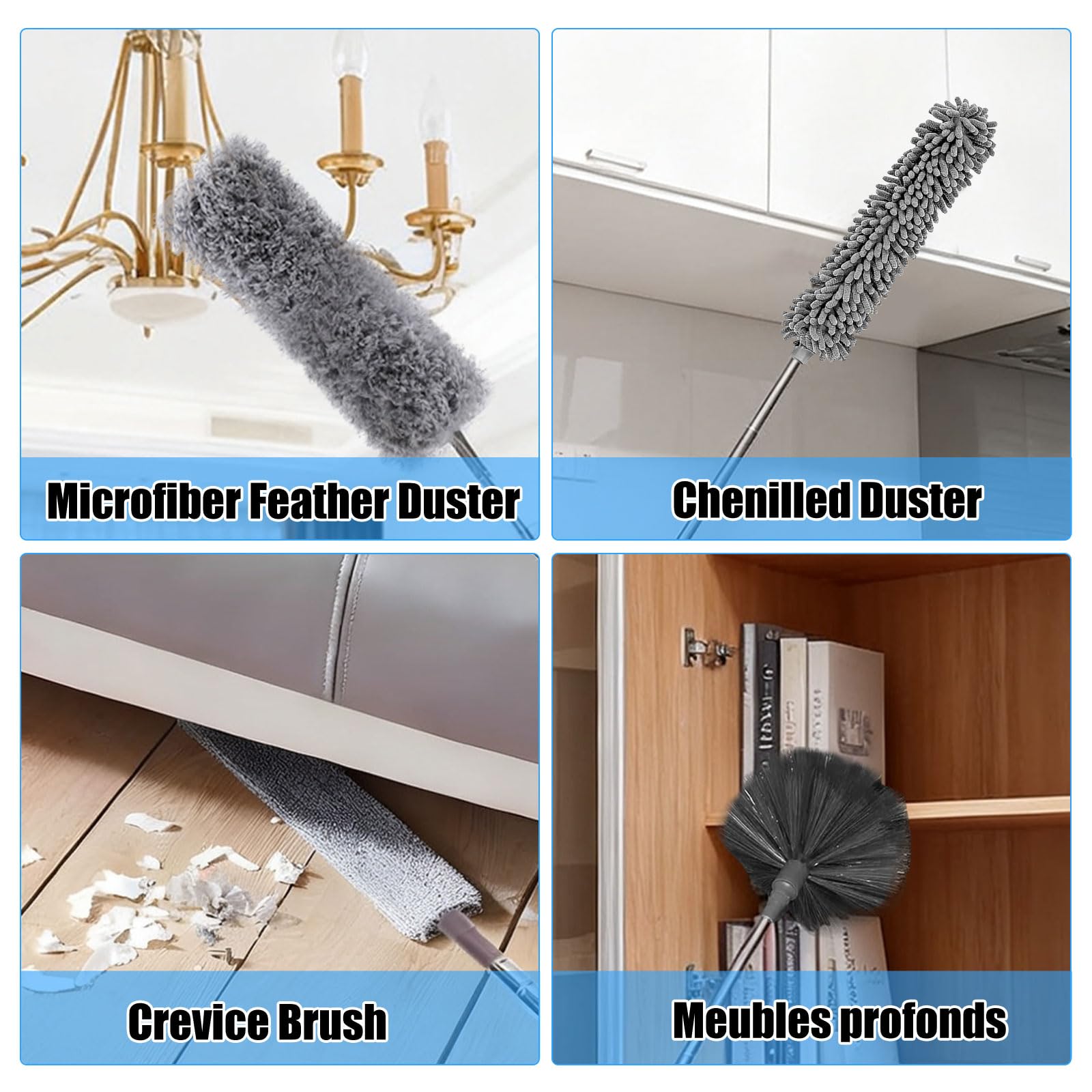 Plumeau Télescopique 8 Pièces Plumeau Long Extensible Jusqu'à 80cm-250