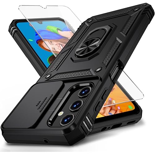 for Samsung Galaxy A25 5G Case, Slide Camera Cover HD Screen Protector Military Grade Magnetic Ring Holder Shockproof Kickstand Protective Case for Galaxy A25 (Black)