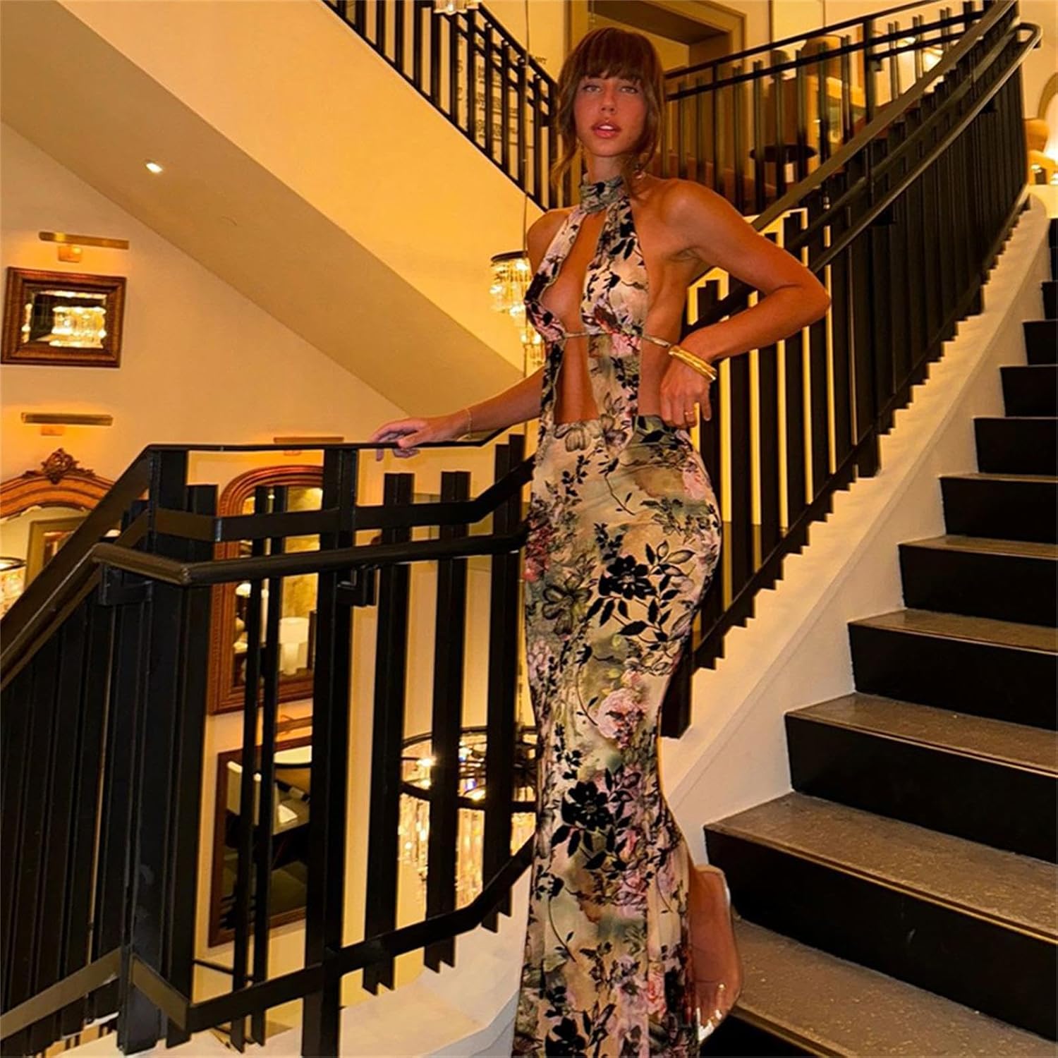 ksotutm Maxi Skirt Set Floral Sexy Halter Top and Maxi Skirt Summer Two Piece Sets for Women Going Out Outfits - Image 4