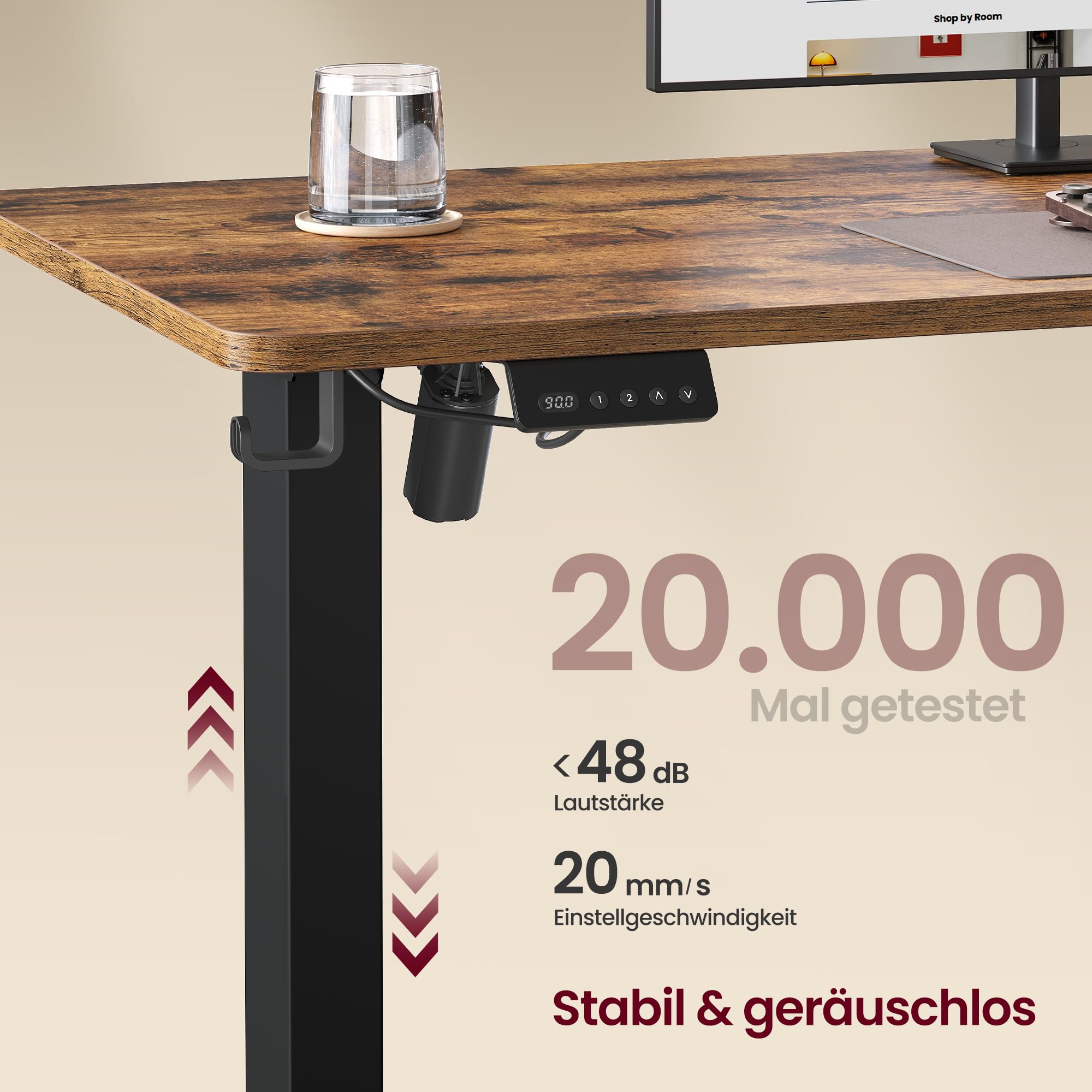 VASAGLE Höhenverstellbarer Schreibtisch, 190 x 155 cm, L-förmiger Eckschreibtisch, Stehtisch, 2 AC-Steckdosen, 2 USB-A-Anschlüsse, Ablage für Steckdosenleiste, für Büro, vintagebraun LSD295KD01