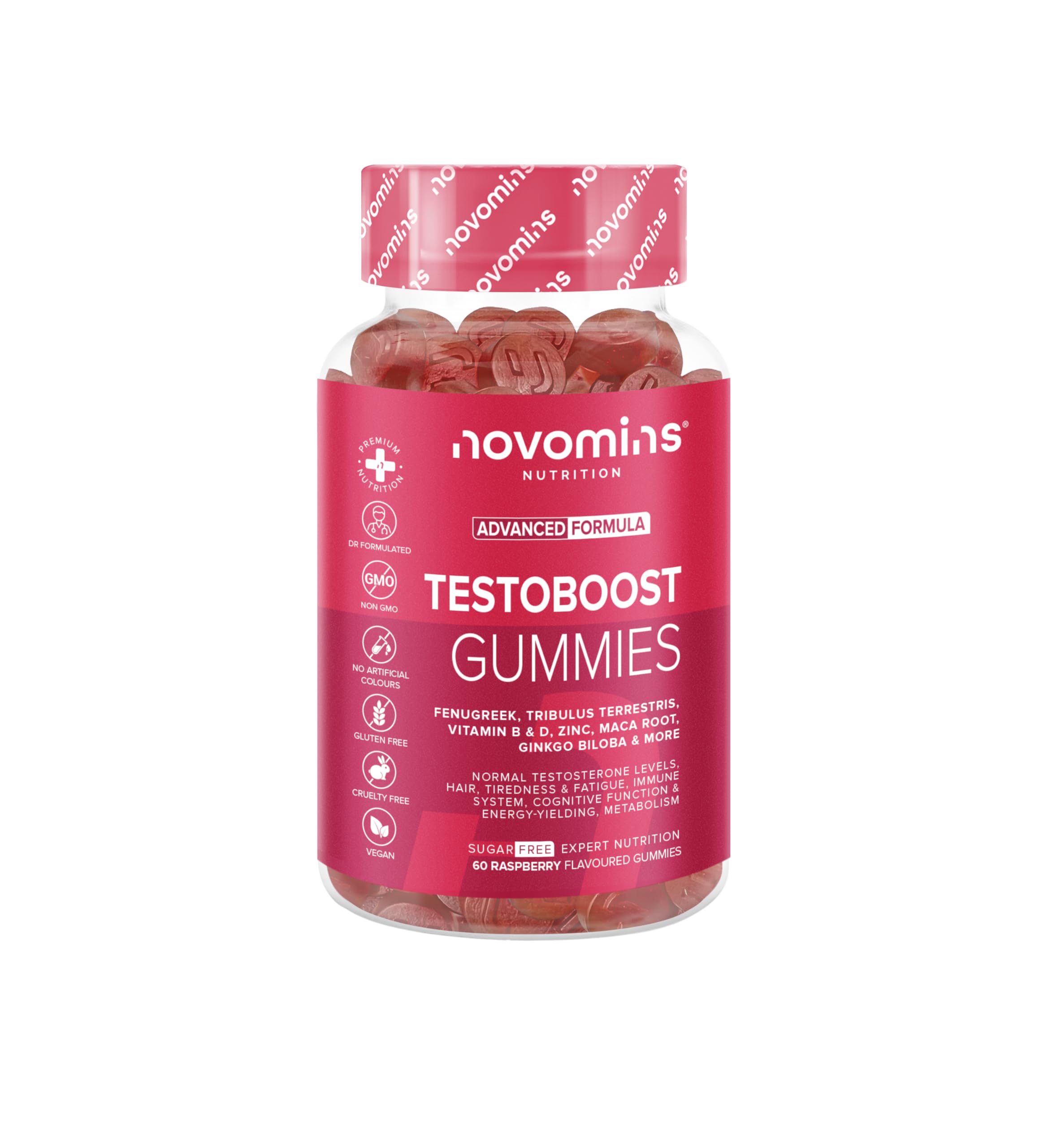novominsTestosterone Booster - Testosterone Supplements for Men with Maca Root, Tribulus Terrestris, Vitamin D & Zinc Supplements - Vegan & Gluten-Free Testo Boost - 60 Testosterone Gummies for Men
