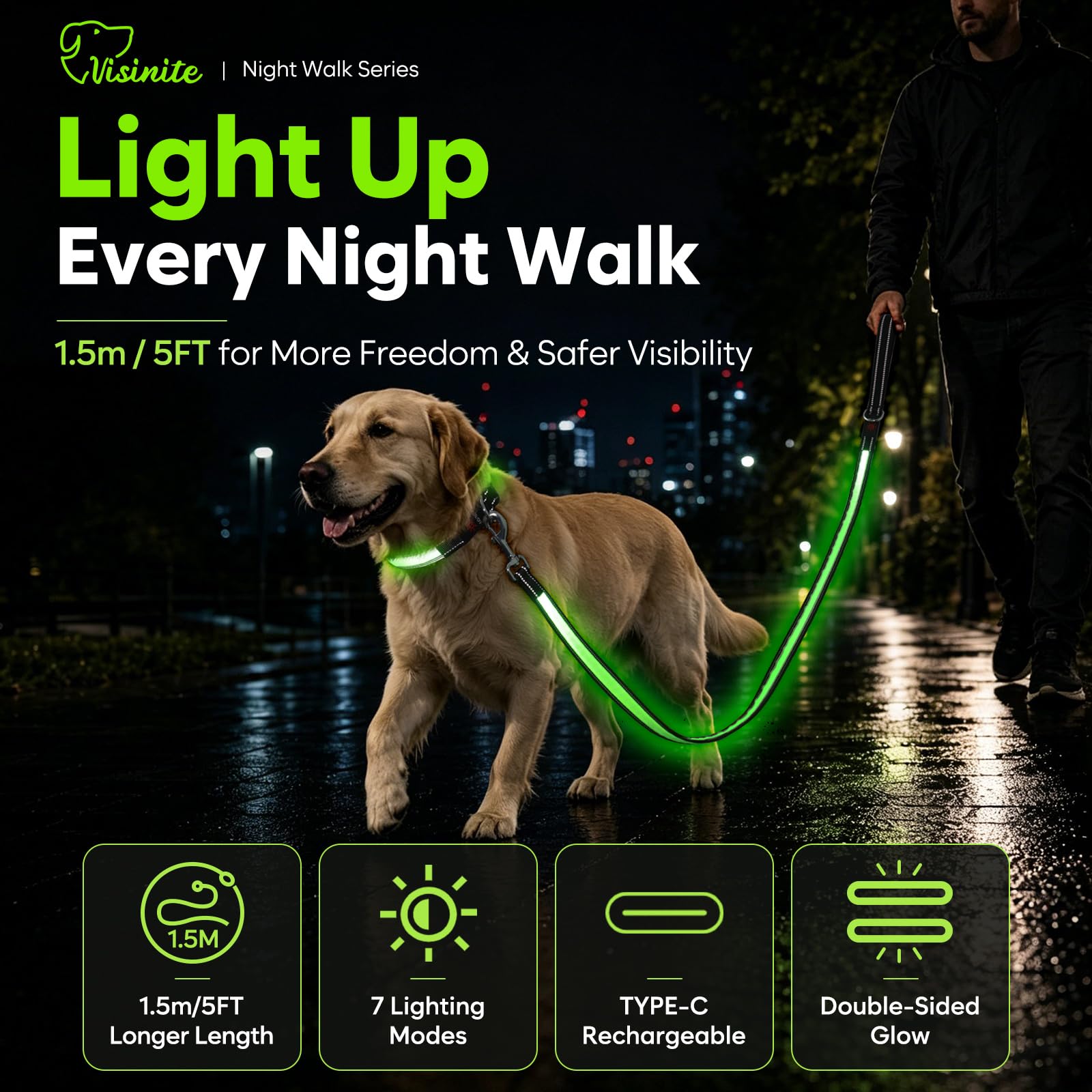 Laisse pour chien à DEL de 1,5 m, lumineuse et éclairée, 7 modes d'éclairage, phosphorescente, lumière double face, rechargeable avec poignée rembourrée pour la sécurité des promenades nocturnes