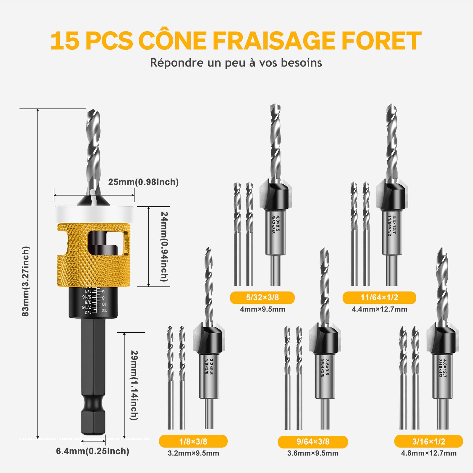Mtchavno Countersink Drill Bit Set, 15 Pieces, Countersink Wood Drill Bit with Depth Stop - Image 2