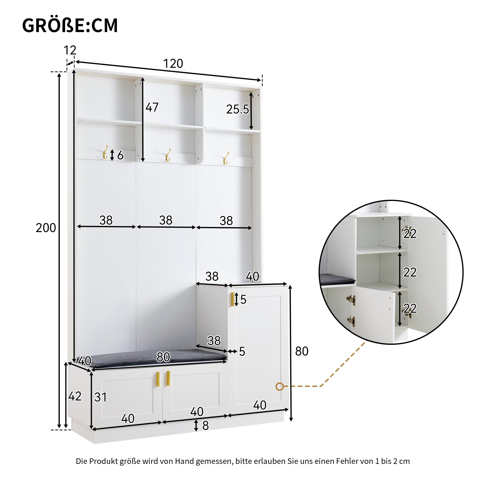 H200/B120/T40 cm con banco y zapatero, banco de almacenamiento multifuncional con 3 ganchos colgantes y espacio de almacenamiento abierto, almacenamiento rectangular y estantes para pasillo, color