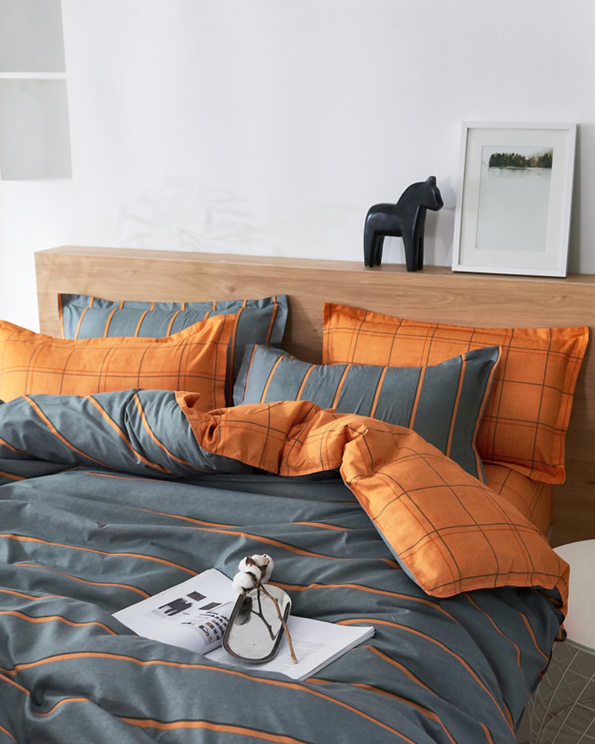 Copripiumino una Piazza e Mezza 180x220cm, in Microfibra, Reversibile Biancheria da Letto Moderno Plaid Strisce 3 Pezzi, Copripiumone con Cerniera e 2 Federe, Arancione Grigio